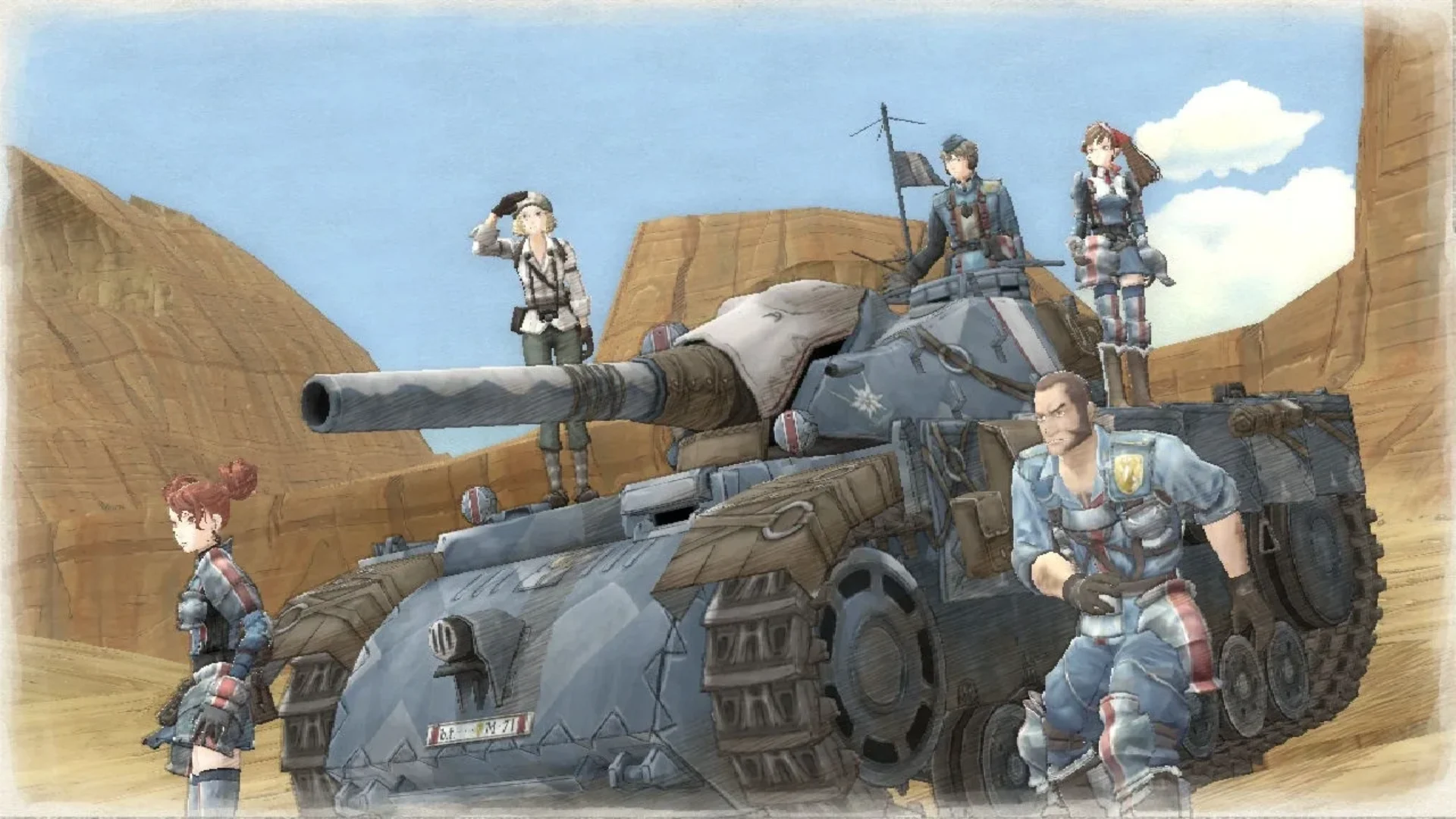 Squad 7 soldiers gather around the Edelweiss tank in a desert scene from Valkyria Chronicles.