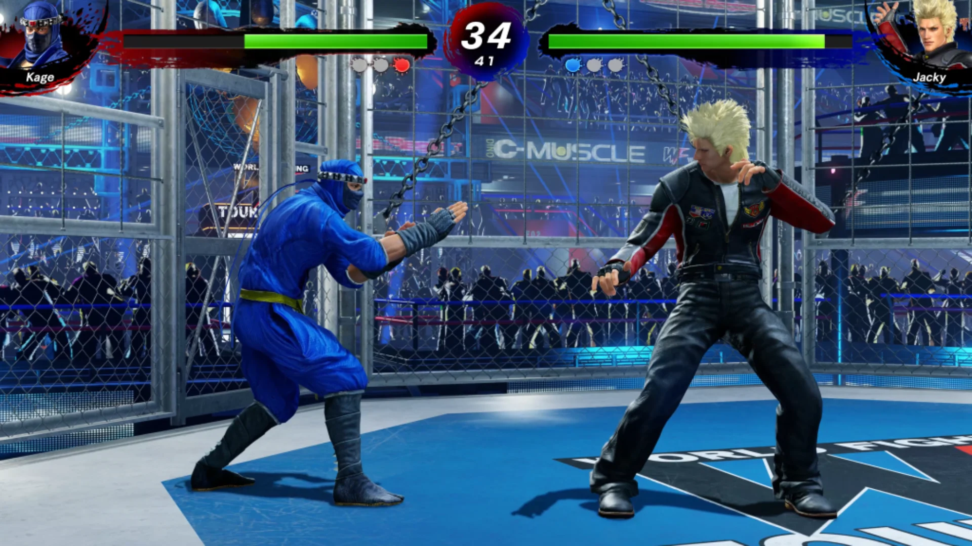 Kage and Jacky face each other inside a cage arena in Virtua Fighter 5 R.E.V.O. World Stage.