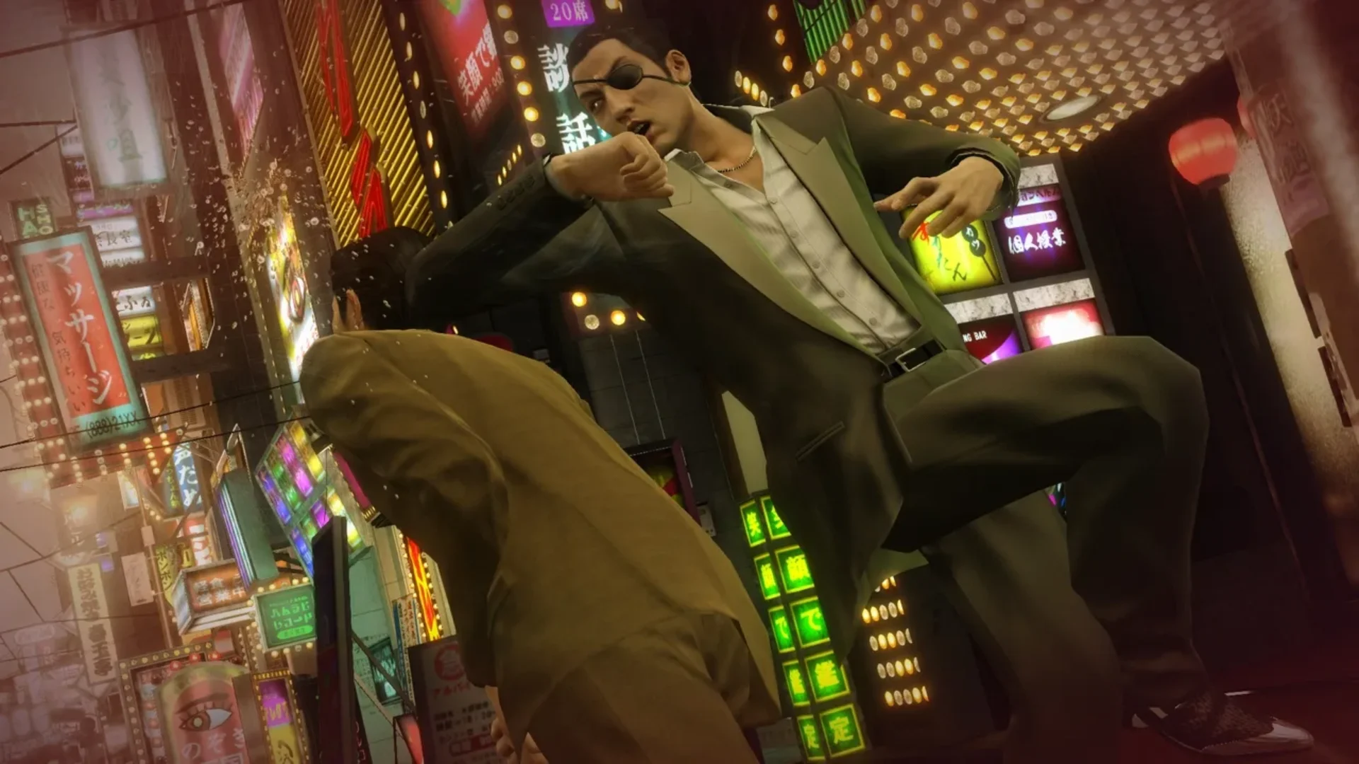 Goro Majima attacks an opponent on a neon-lit street in Sotenbori during Yakuza 0