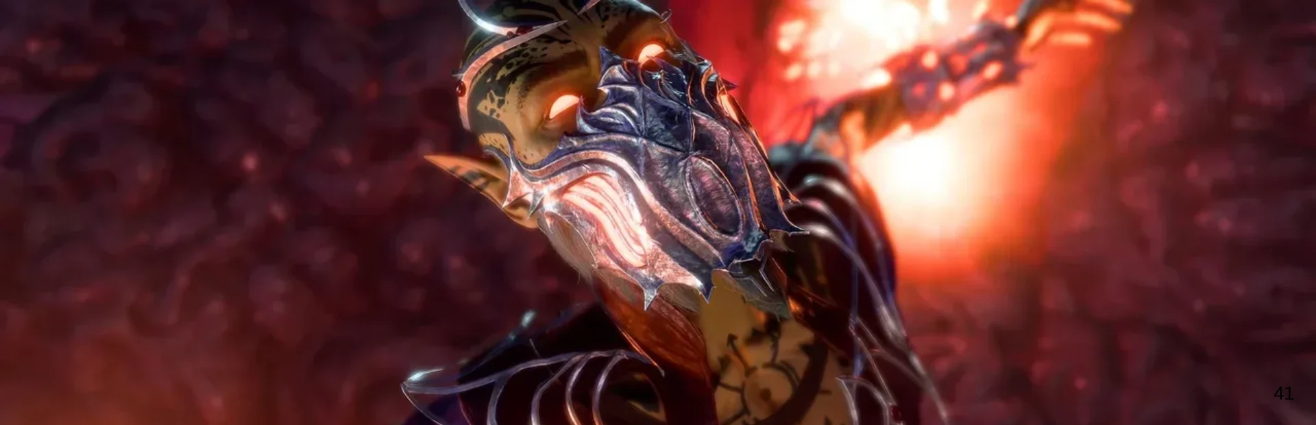 A masked githyanki warrior with glowing eyes stands against a red background in Baldur's Gate 3.