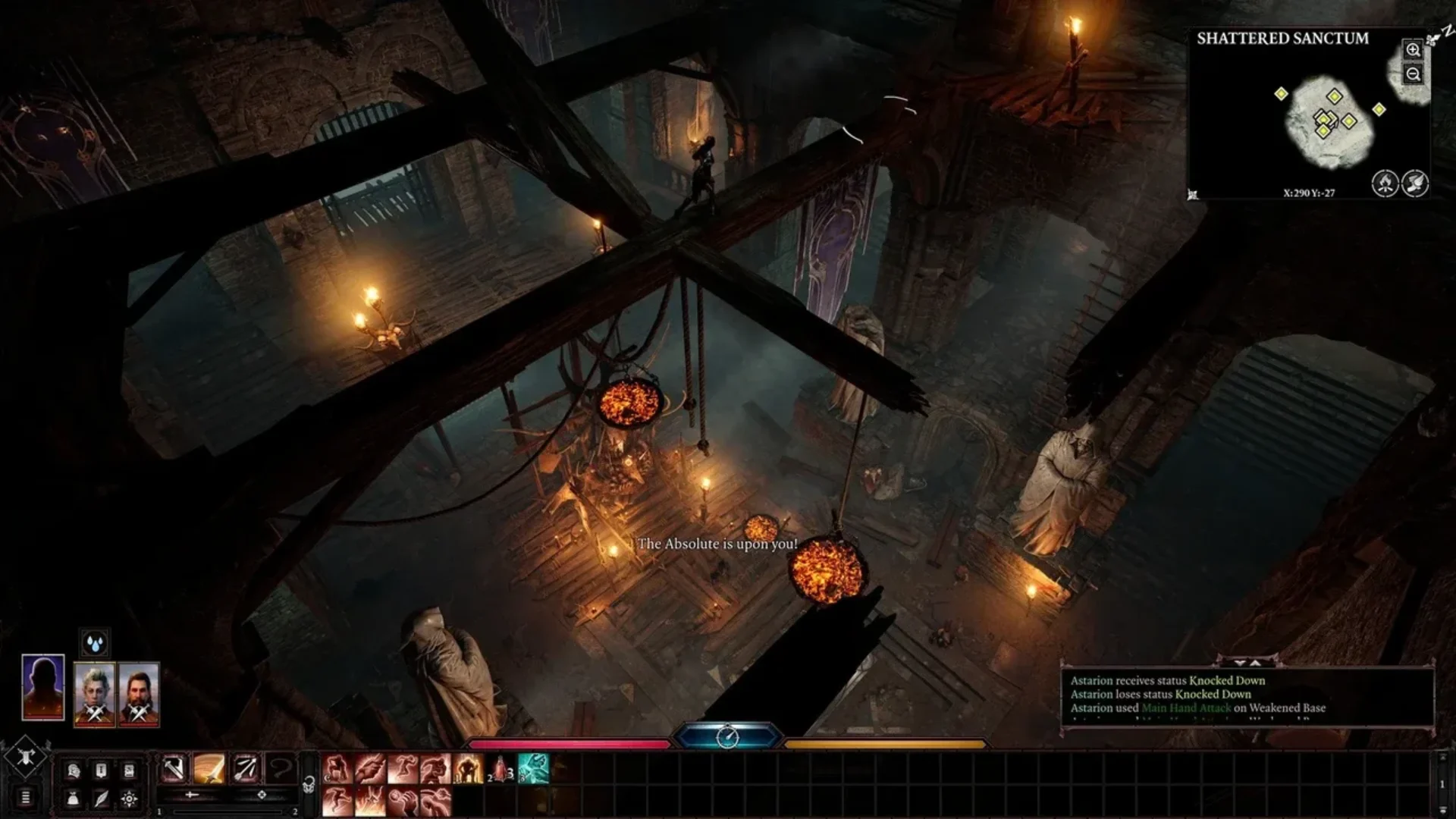 Baldur's Gate 3 gameplay showing a party member crossing wooden beams above the torchlit Shattered Sanctum.