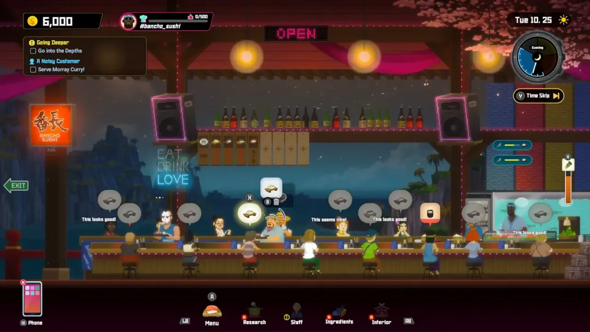Dave the Diver gameplay showing a crowded Bancho Sushi restaurant with customers ordering food during dinner service.