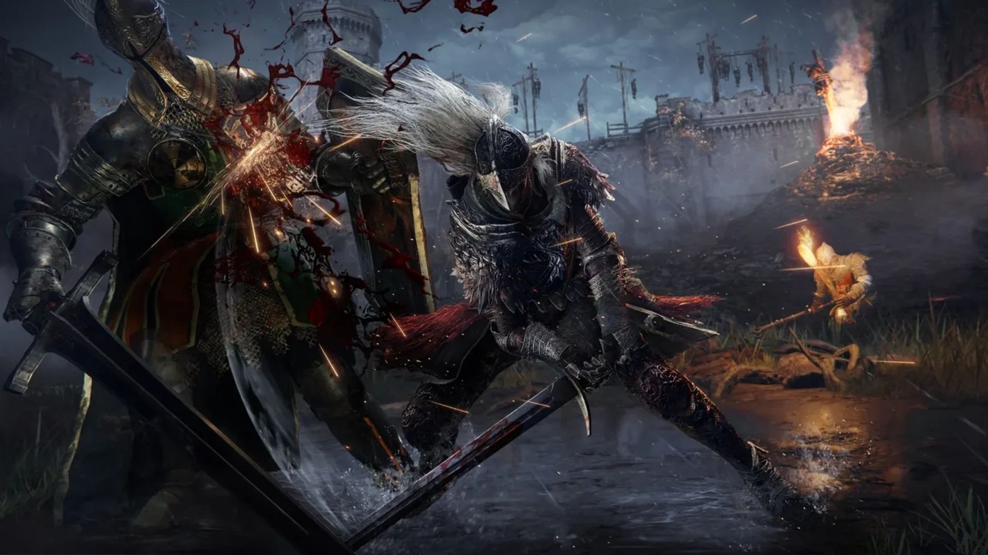 An armored Tarnished slashes an enemy soldier during a bloody battle outside a fortress in Elden Ring.