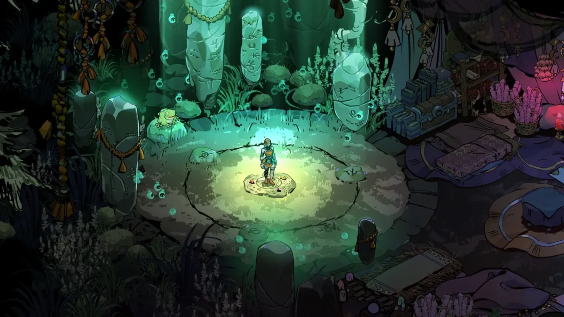 Melinoë stands inside a glowing ritual circle surrounded by carved stones and green spirits in Hades II.