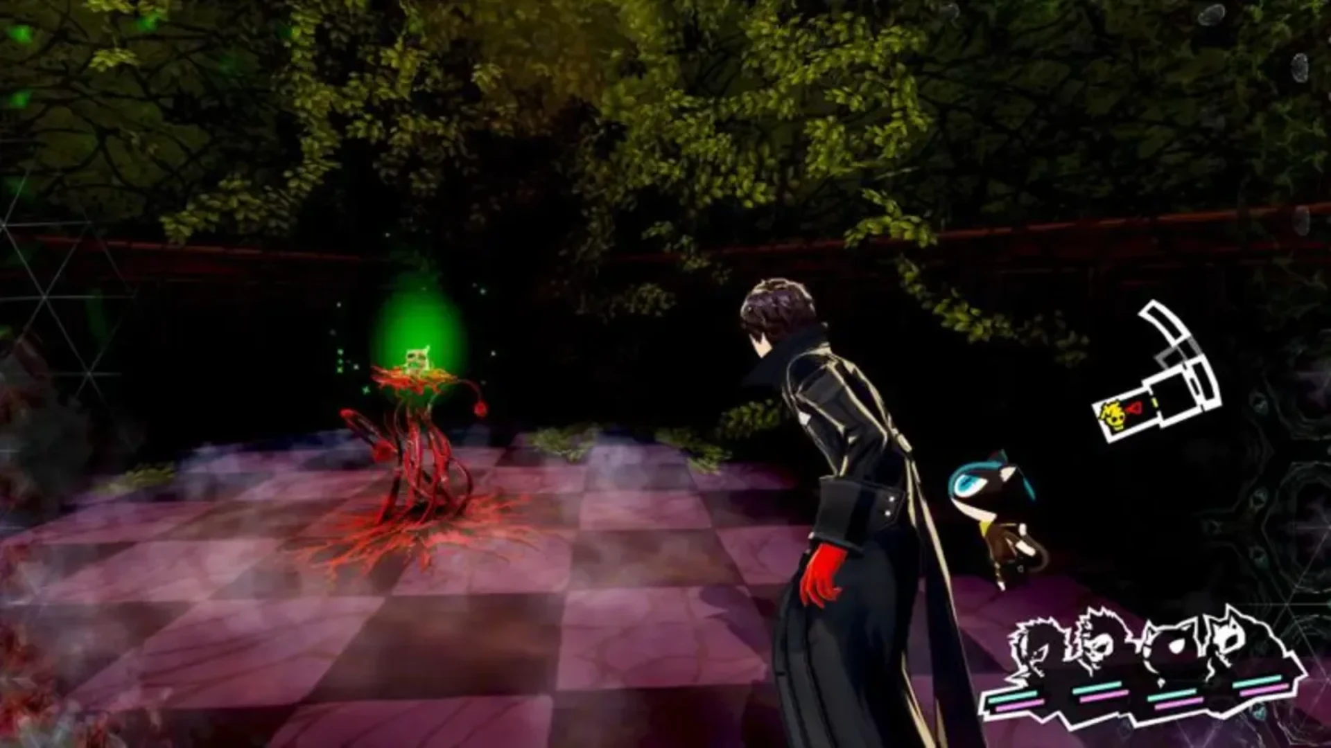 Joker and Morgana confront a glowing red Shadow on a dark battlefield in Persona 5 Royal.