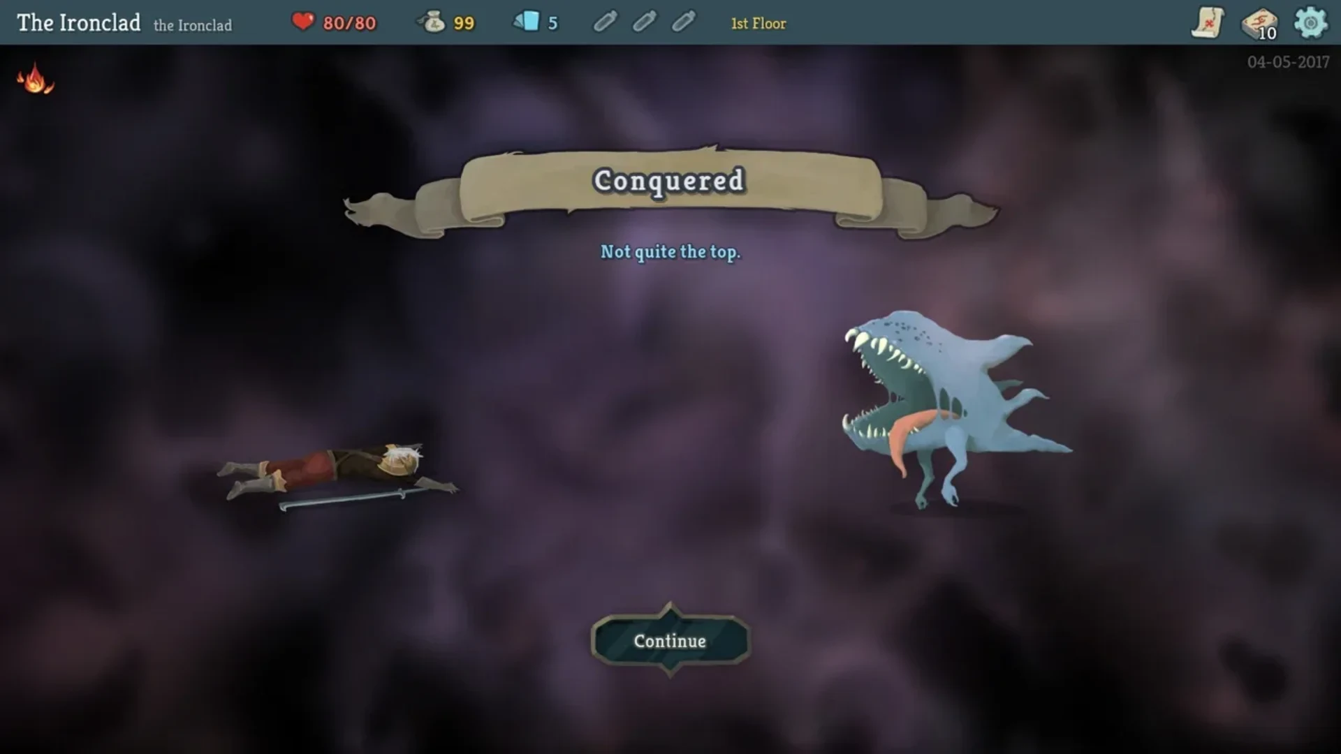 Slay the Spire defeat screen showing the Ironclad lying on the ground opposite a blue monster.