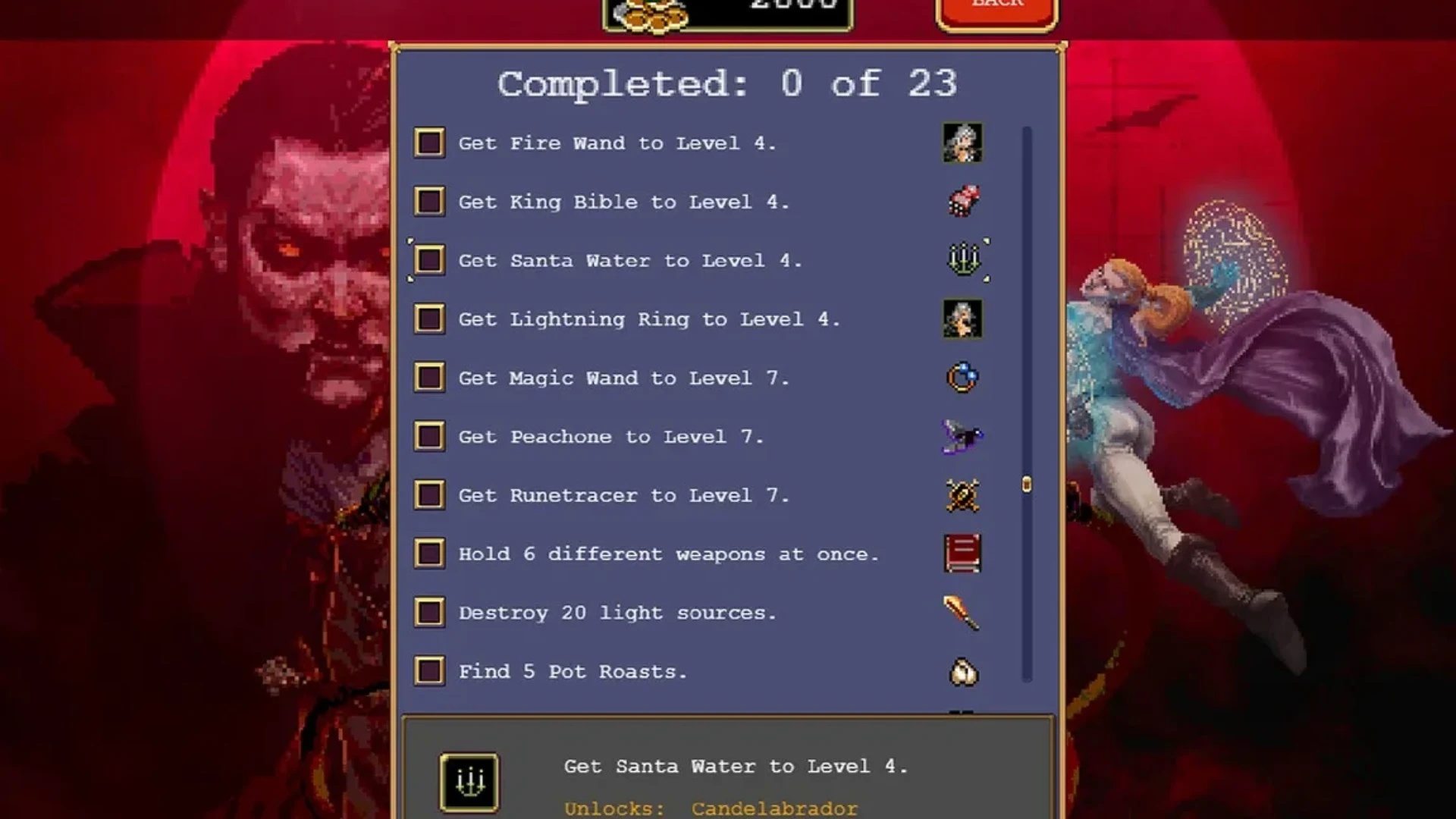 Vampire Survivors menu showing unlock objectives for weapons, items and other progression rewards.