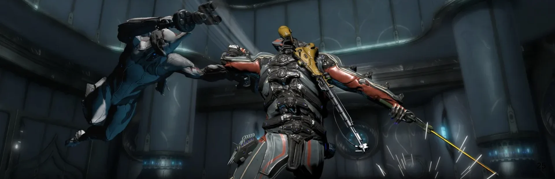 Warframe character attacks an armored enemy during close-range combat.
