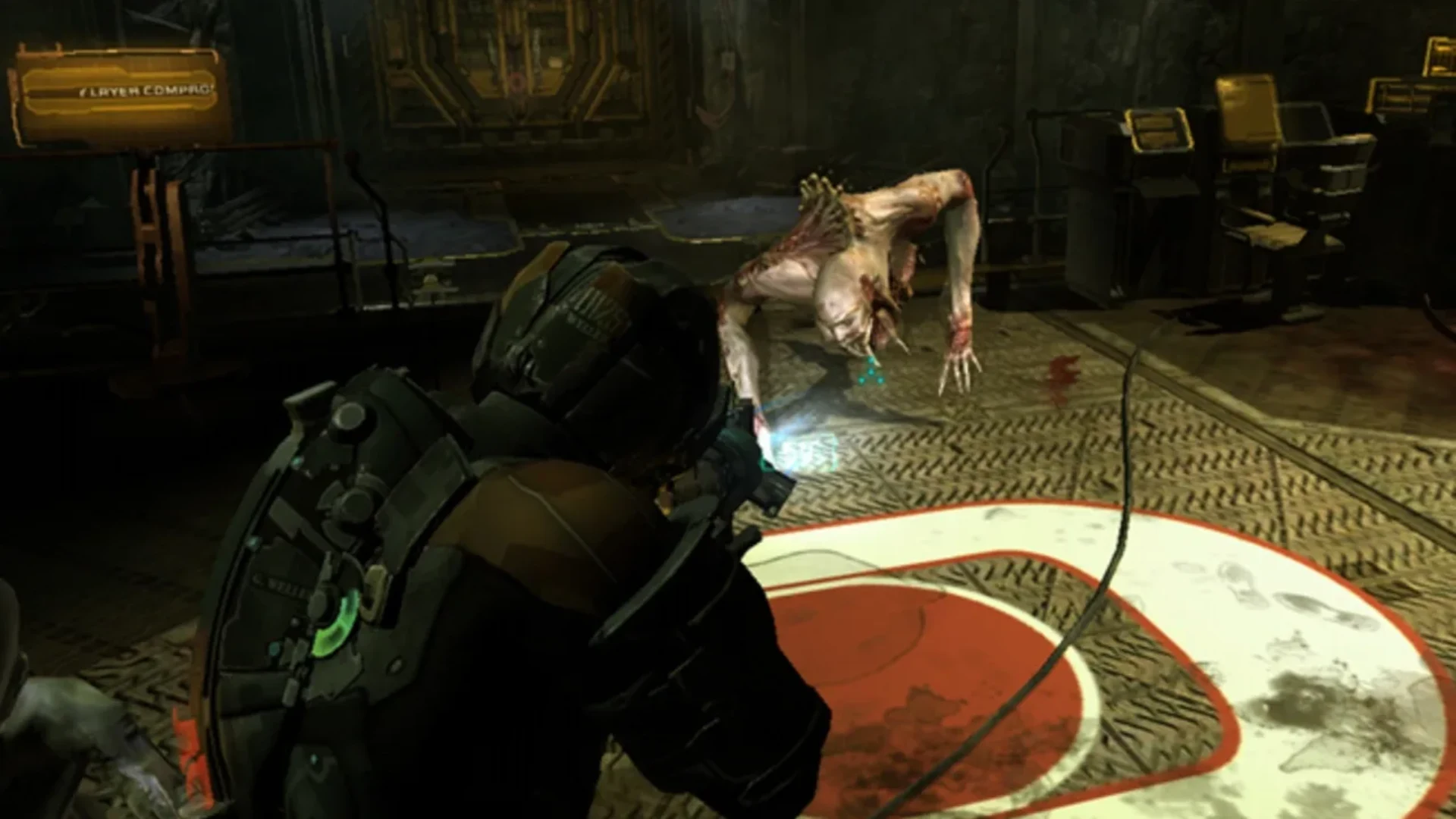 Isaac Clarke aims his weapon at a Necromorph inside the Sprawl in Dead Space 2.