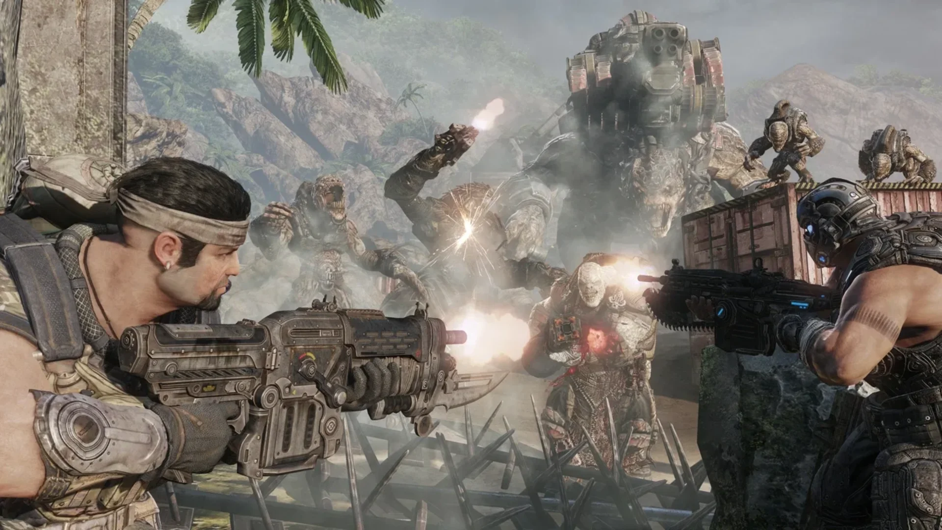 Gears of War soldiers fire at Locust enemies during a large outdoor battle.