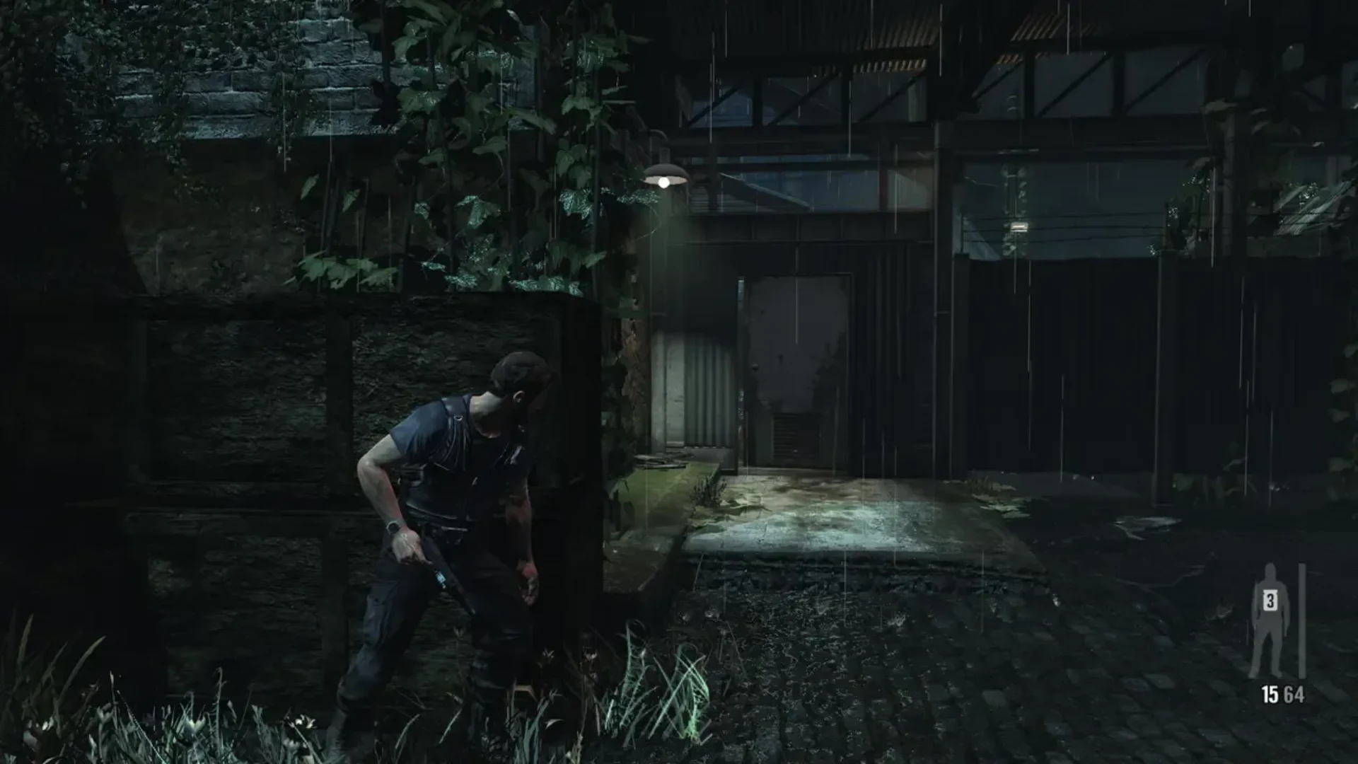 Max Payne takes cover with a handgun during a dark and rainy combat sequence.