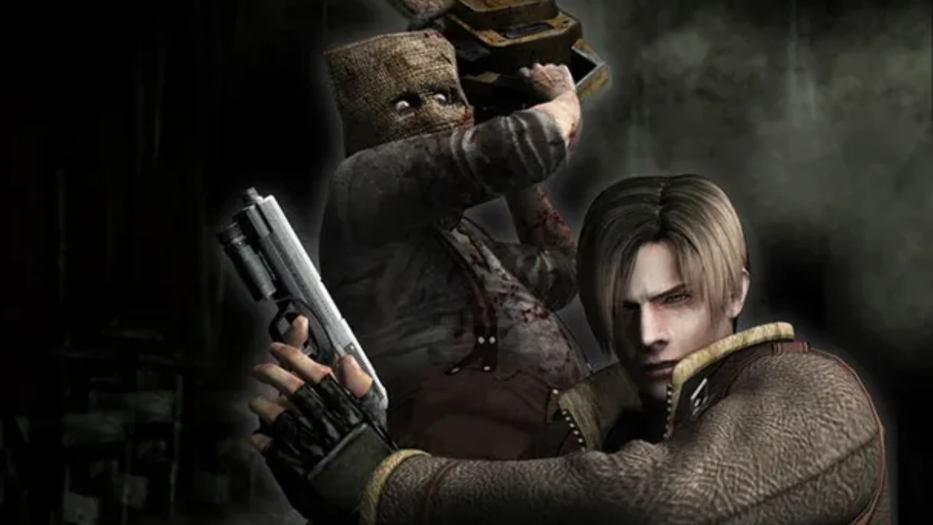 Leon Kennedy holds a handgun as an enemy approaches from behind in Resident Evil 4.