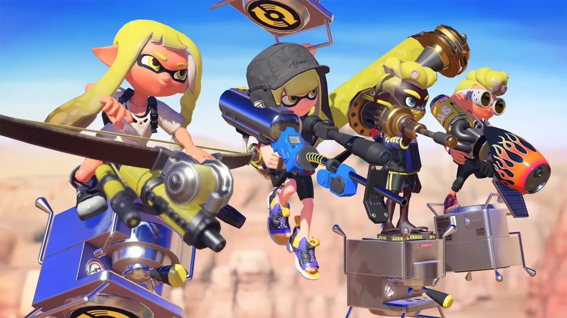 Four Splatoon 3 characters pose with colorful ink weapons against a bright background.