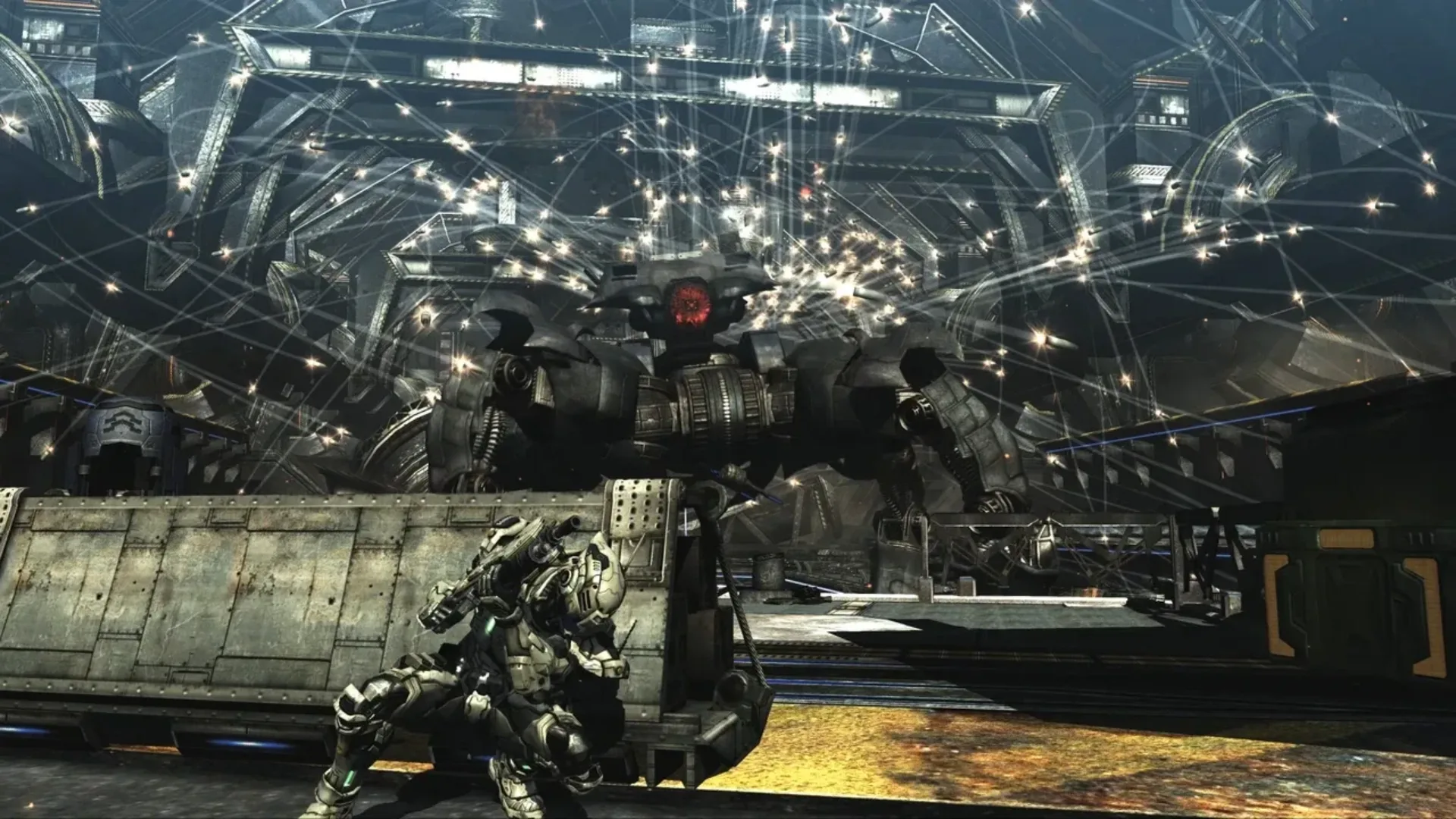 Sam Gideon takes cover while fighting a giant combat robot in Vanquish.