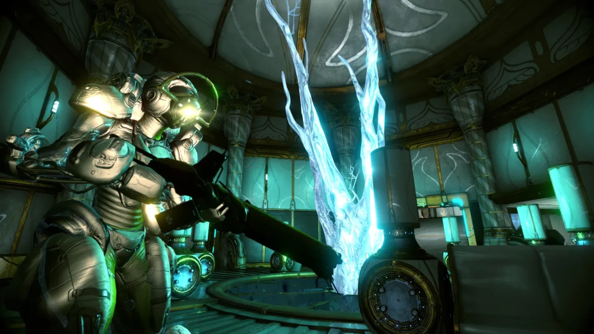 A Warframe attacks an armored enemy during fast close-range combat in a futuristic interior.
