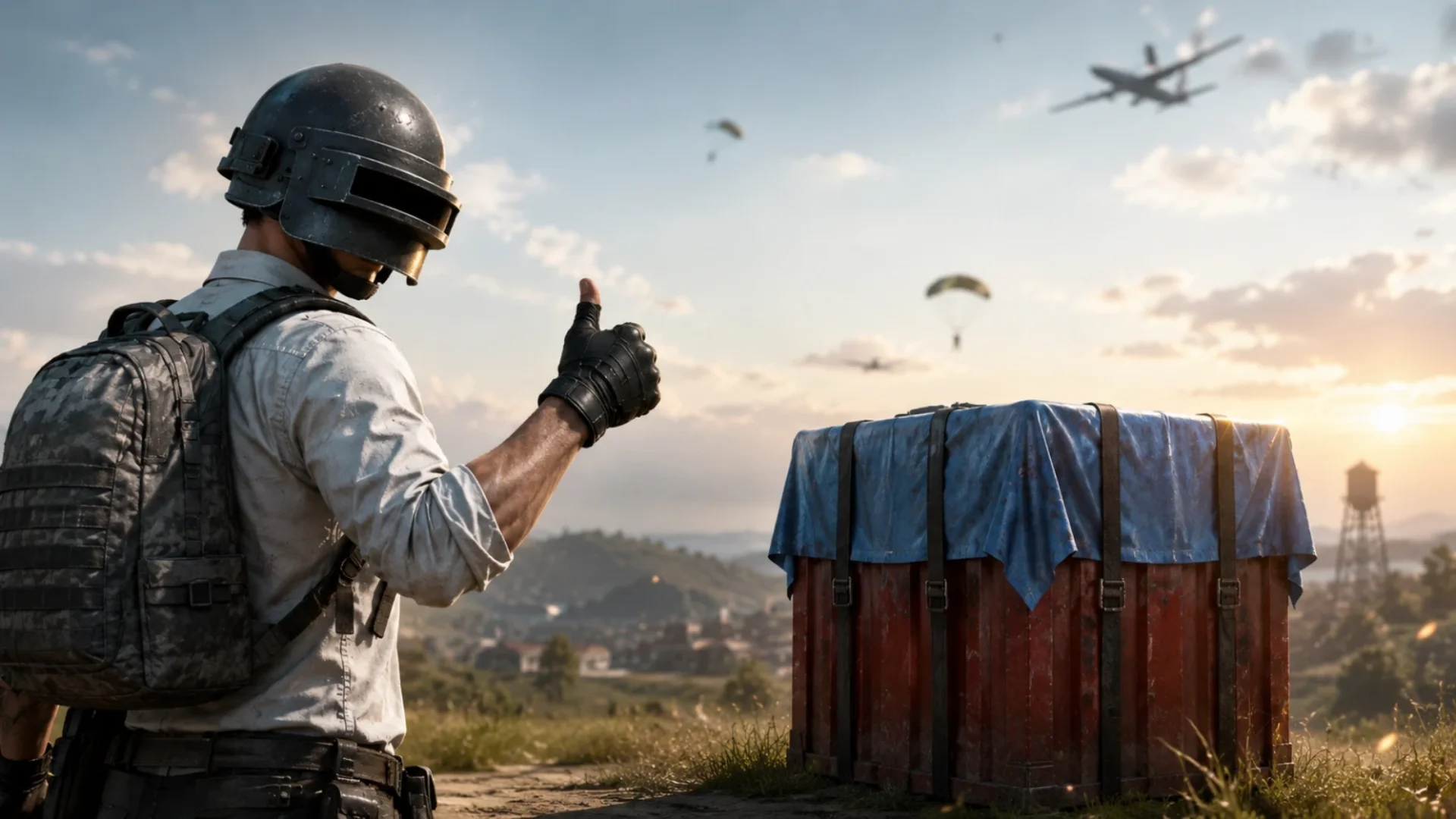 A helmeted BGMI soldier gives a thumbs-up beside a red airdrop crate as parachutes descend at sunset.