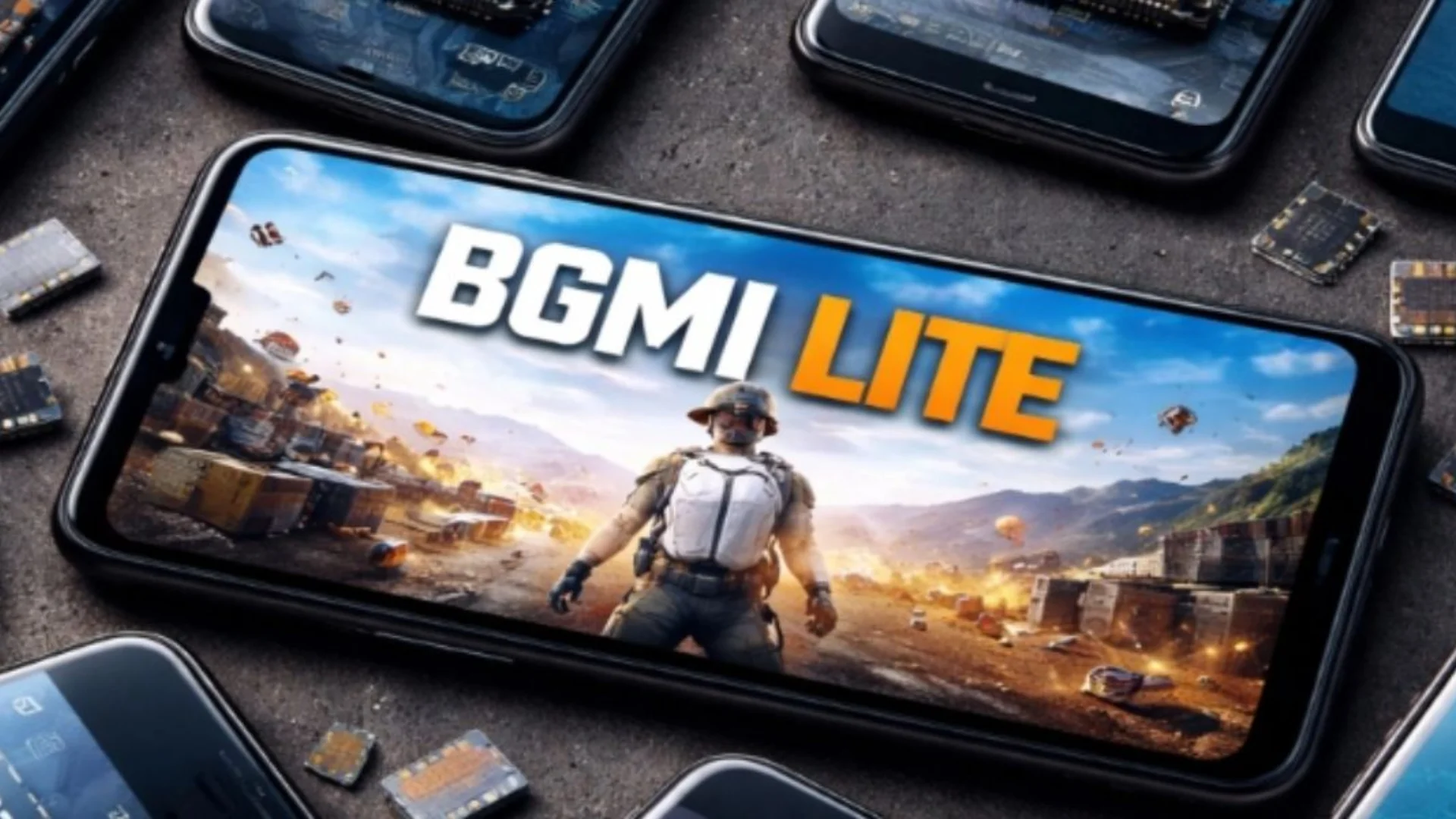 A smartphone displays BGMI Lite artwork while other phones and mobile chips surround it.