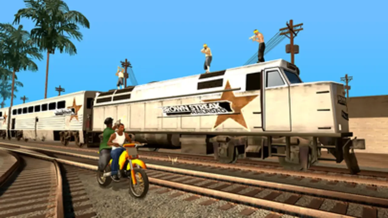 Big Smoke standing on top of a train during the Wrong Side of the Tracks mission in GTA: San Andreas.