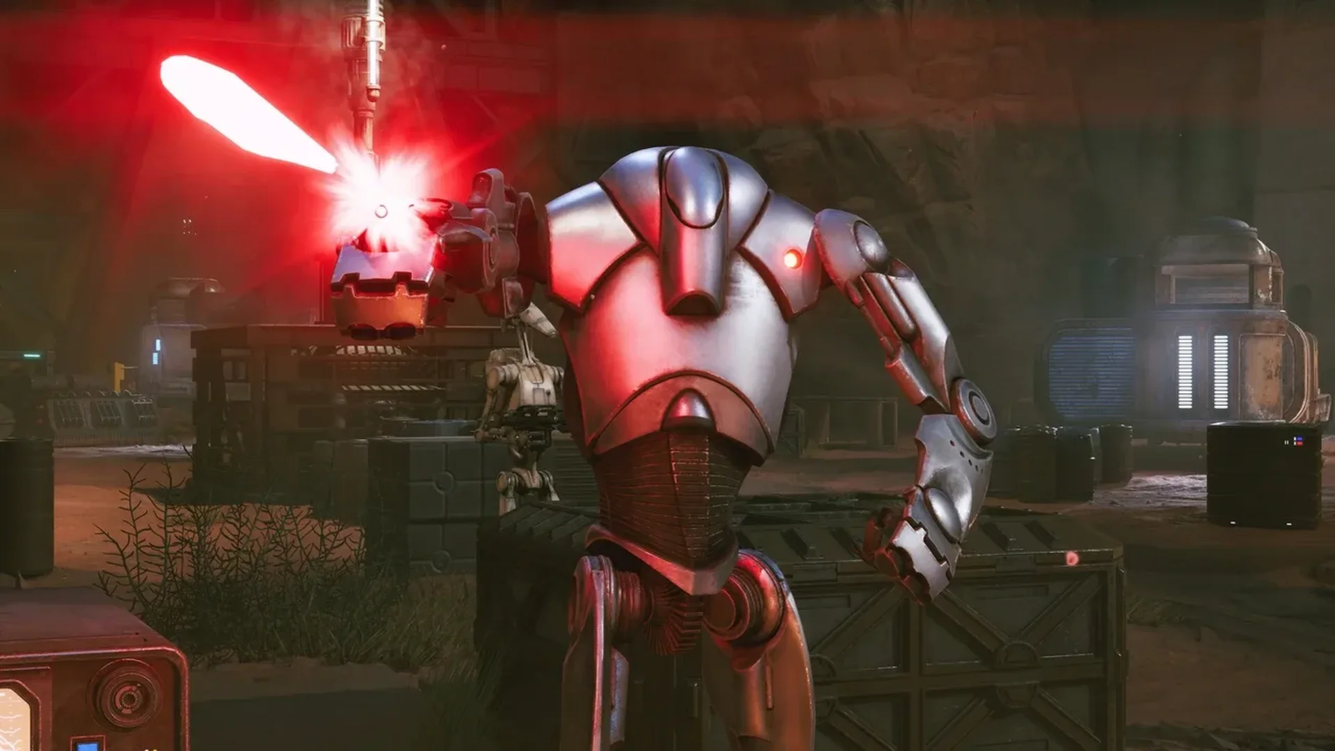 A battle droid fires a red blaster shot inside a combat area in Star Wars Zero Company.