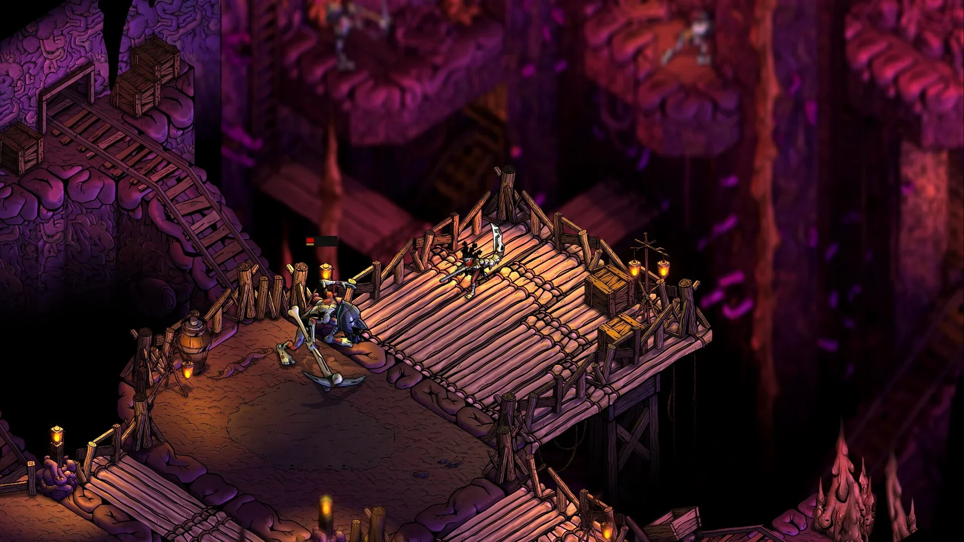 A Blighted character fights an enemy on wooden platforms inside a dark purple cavern.