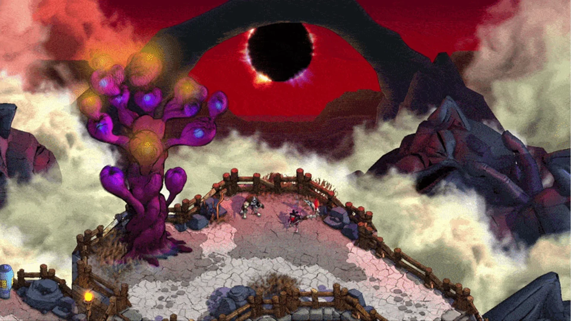 Two Blighted characters face a surreal purple tree beneath a black eclipse in a cloud-filled mountain arena.