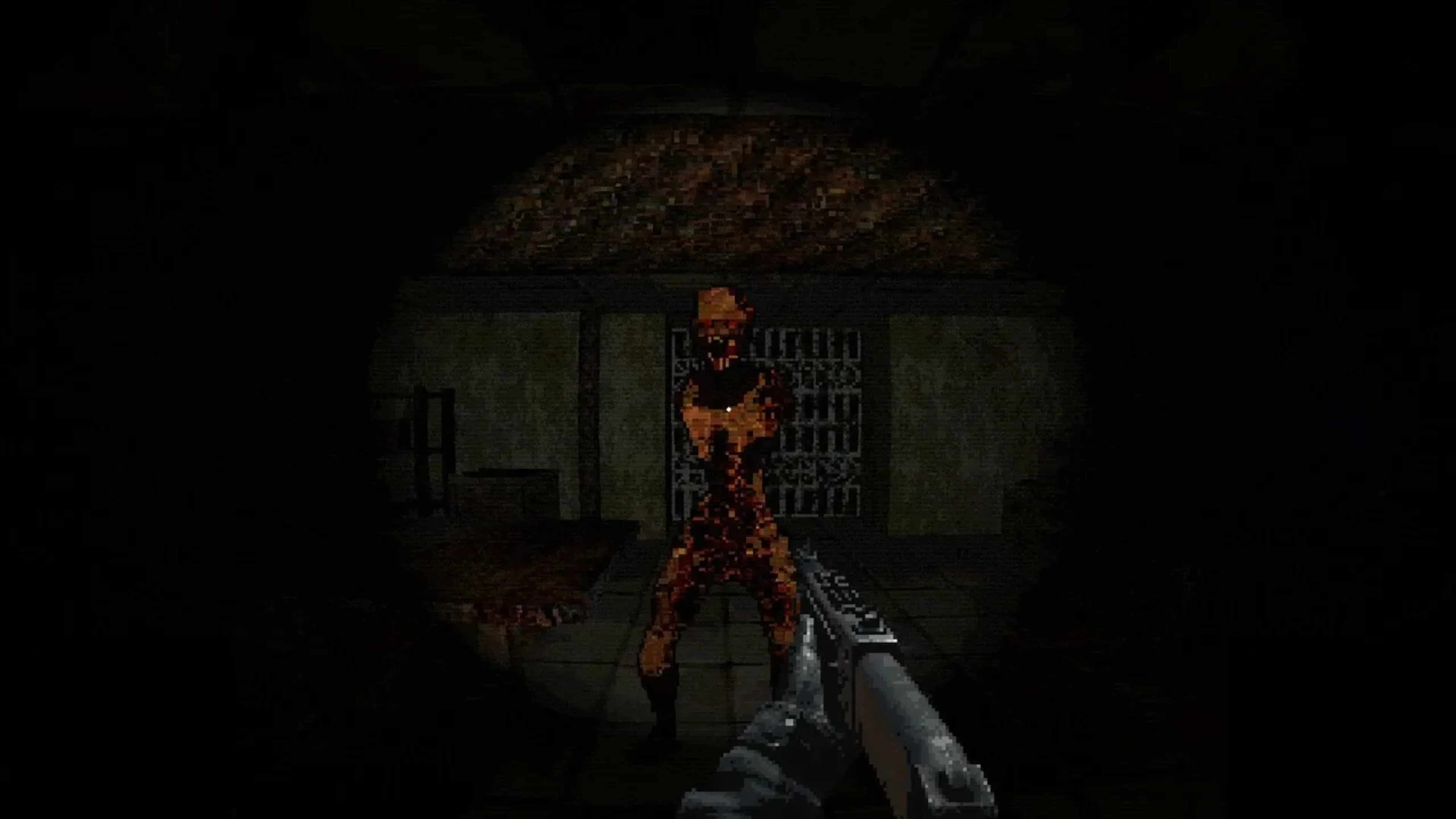 A mutated creature approaches the player in Blighten's dark industrial facility as a firearm points forward.