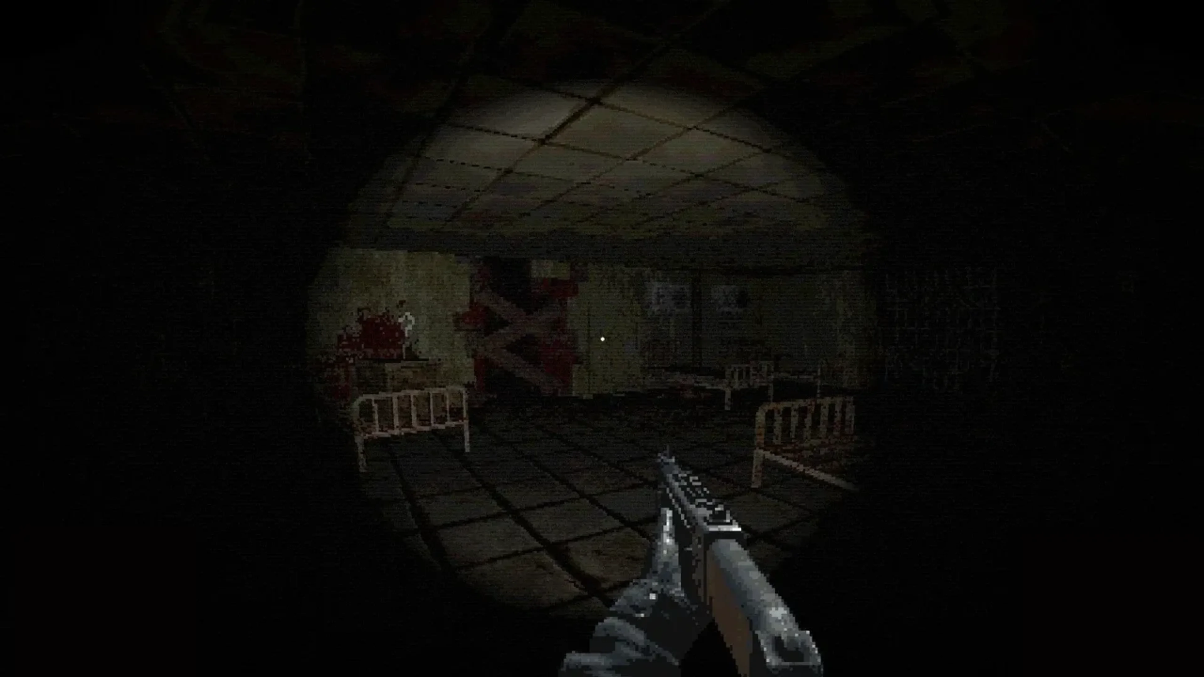 Blighten first-person gameplay showing a firearm aimed into a dark, bloodstained industrial room with beds.