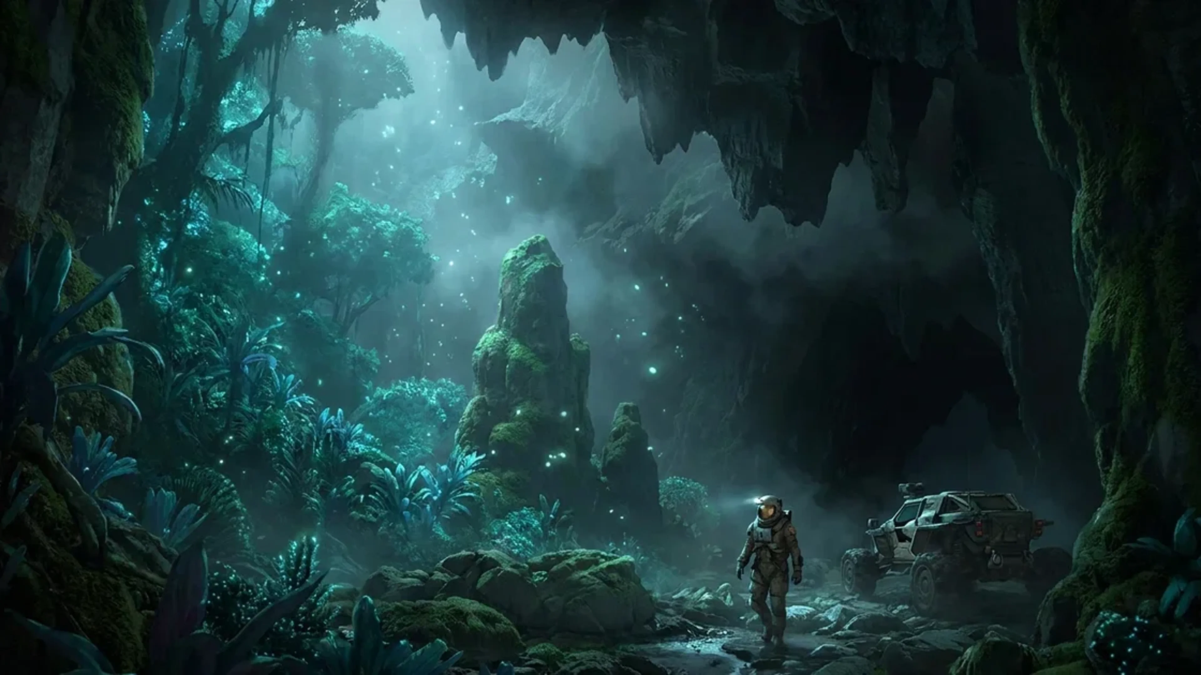 An astronaut explores a glowing underground Martian cave with dense alien vegetation, towering rocks and a rugged exploration vehicle.