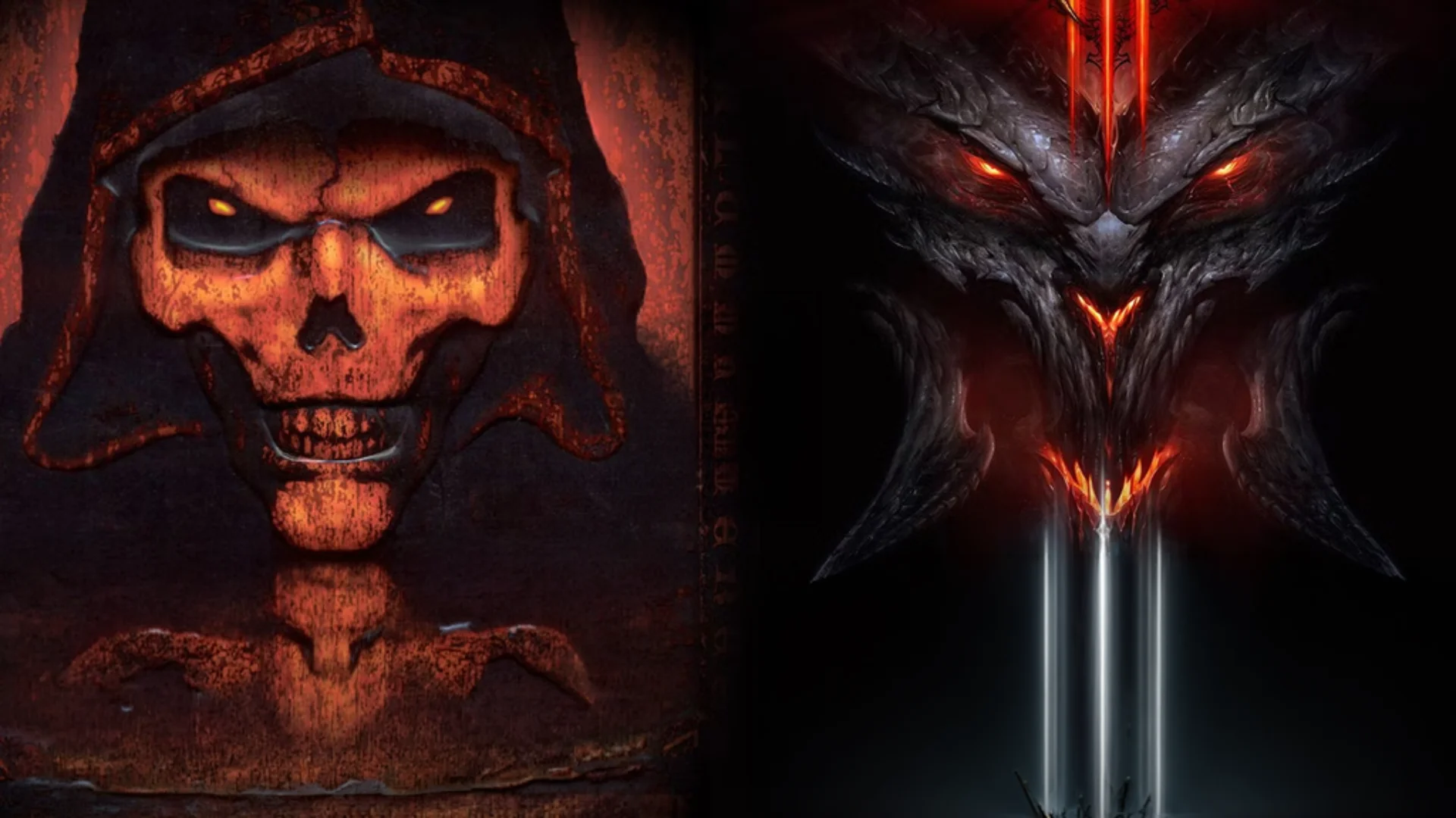 Diablo II skull artwork appears beside a dark demonic face with glowing red eyes from Diablo III.