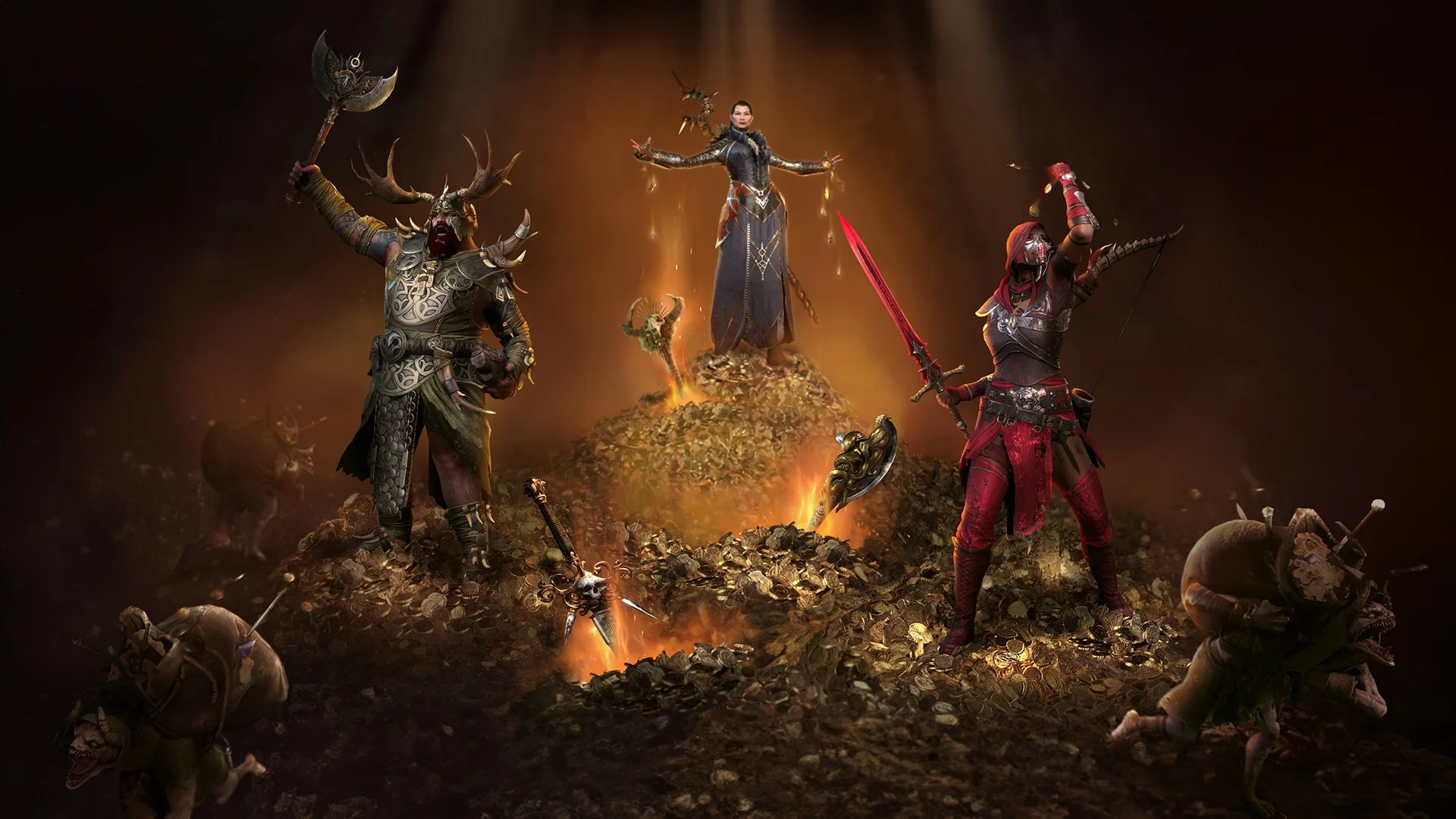 Three Diablo IV heroes stand on piles of gold and weapons while Treasure Goblins gather around them.