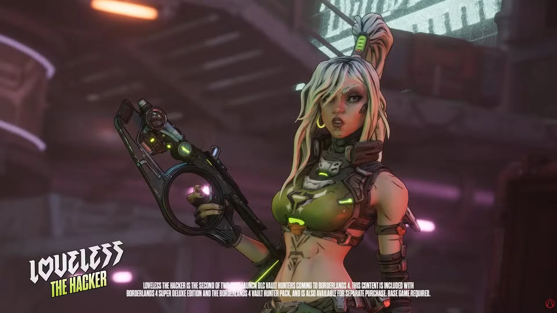Loveless the Hacker holds a futuristic rifle in Borderlands 4 character artwork.