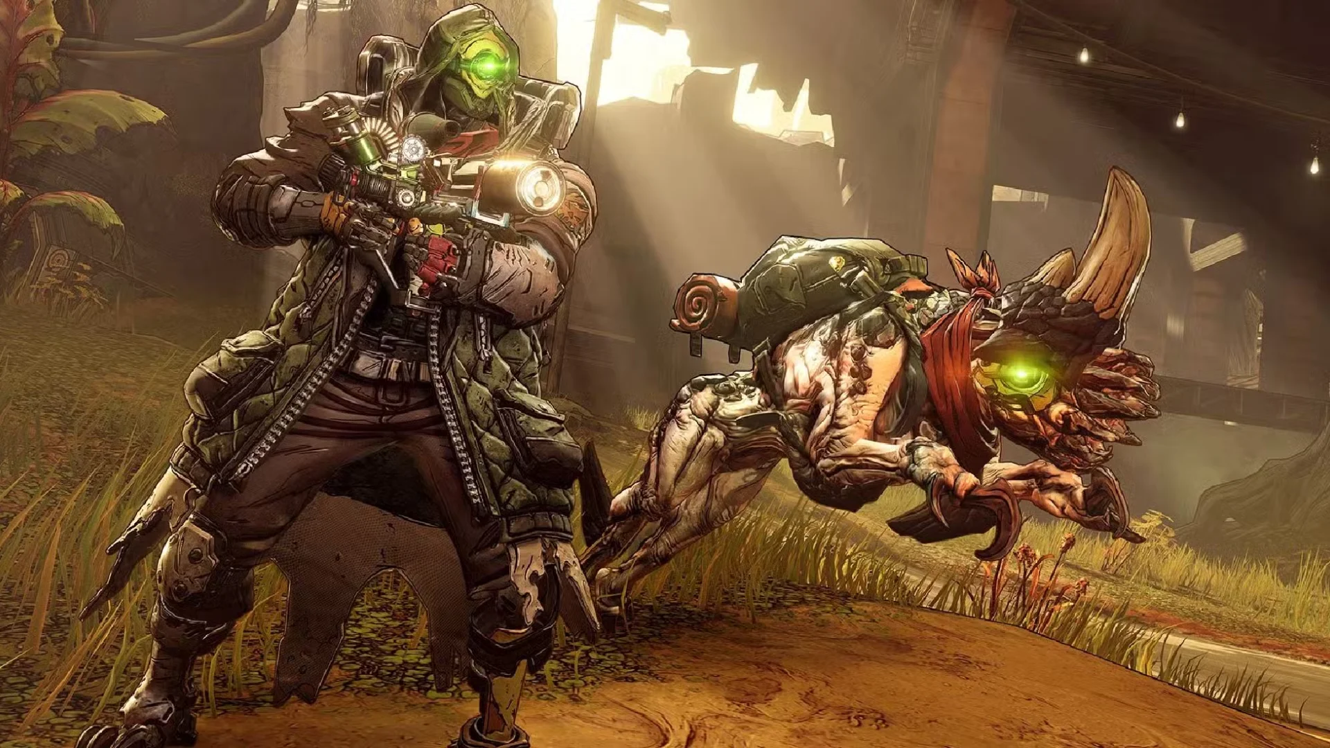 Two Vault Hunters battle enemies with guns and glowing blades in a chaotic Borderlands 4 combat scene.