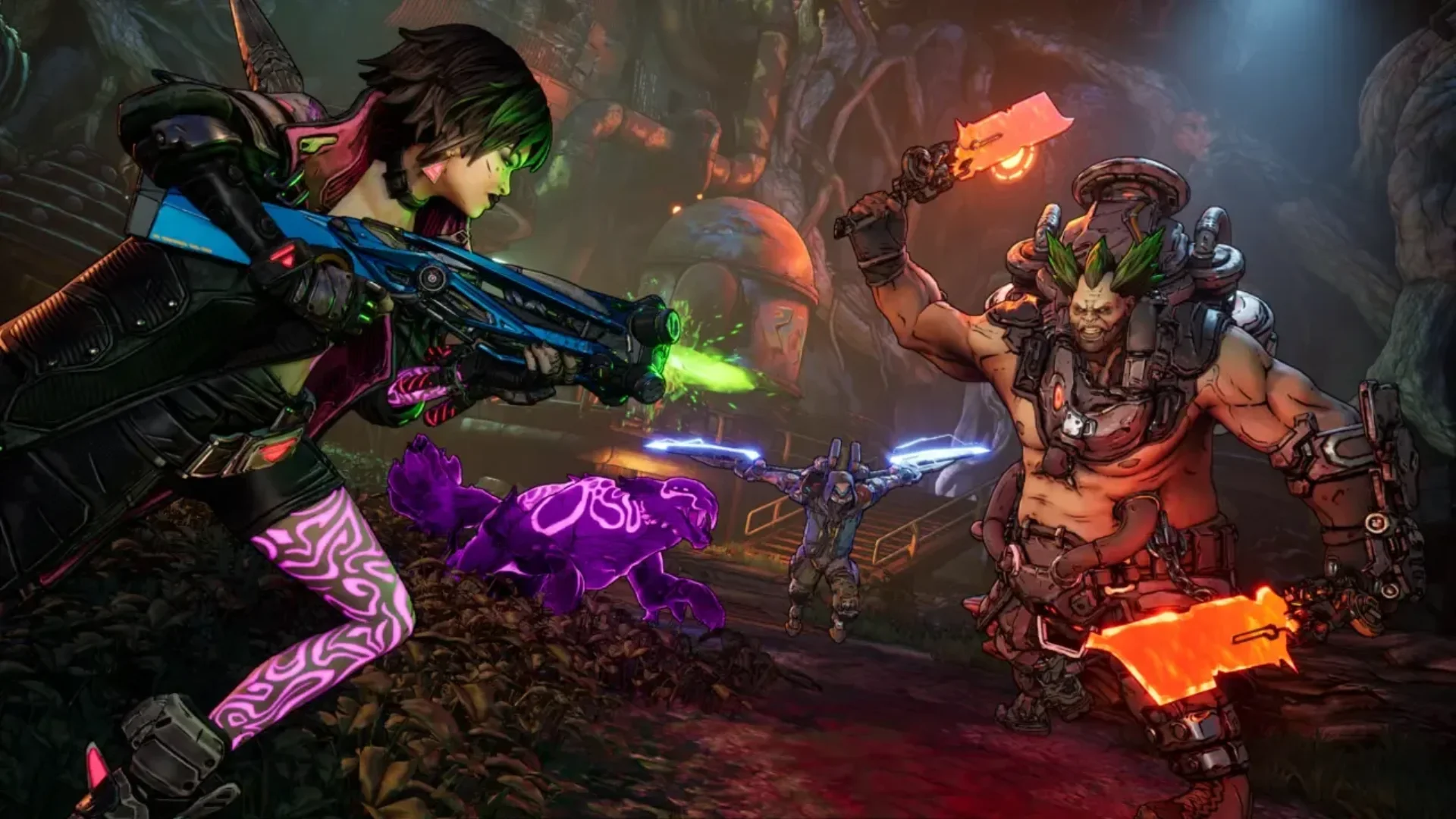 Two Vault Hunters battle enemies with guns and glowing blades in a chaotic Borderlands 4 combat scene.