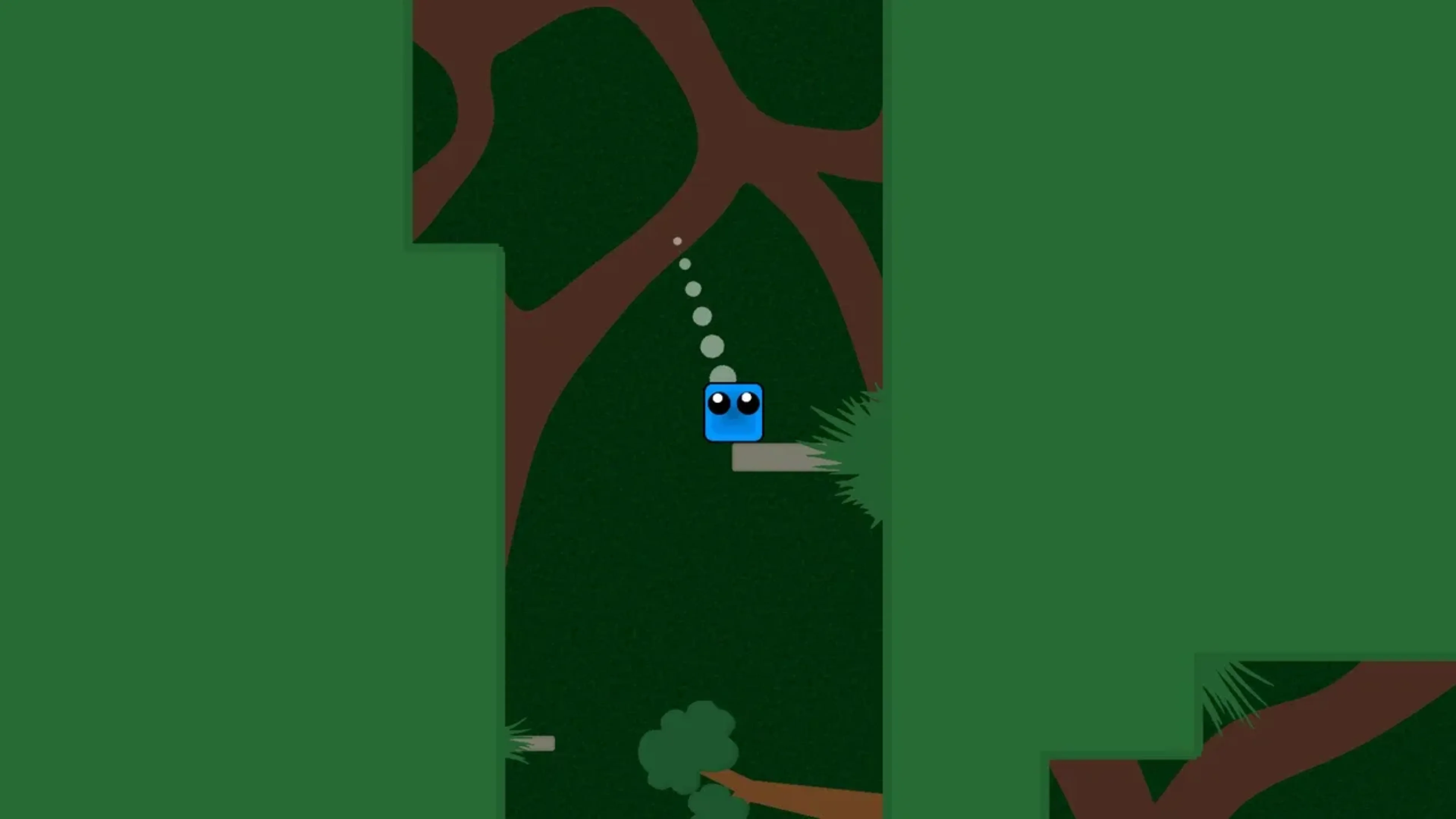 A blue cube with large eyes sits on a small platform beside green foliage and brown tree branches in Bounce Quest.