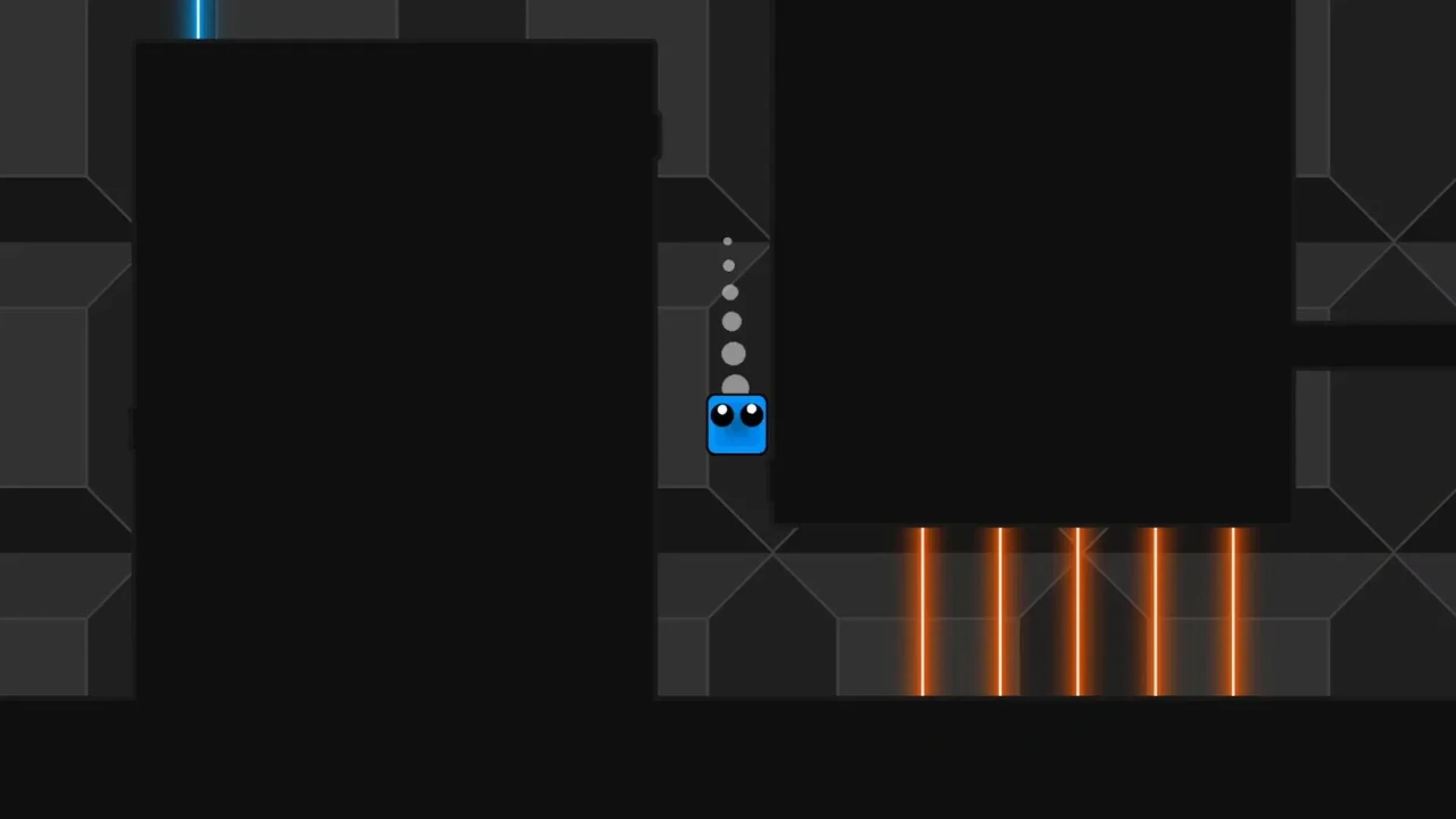 A blue cube with large eyes sits in a narrow passage above glowing orange laser hazards in a dark Bounce Quest level.