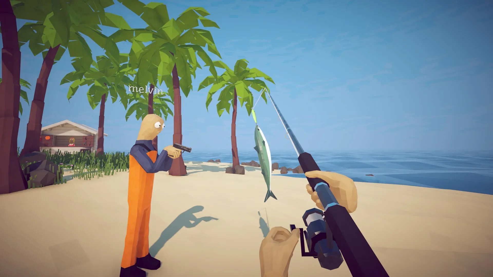 A player holds a caught fish on a tropical beach while another character stands nearby with a handgun.
