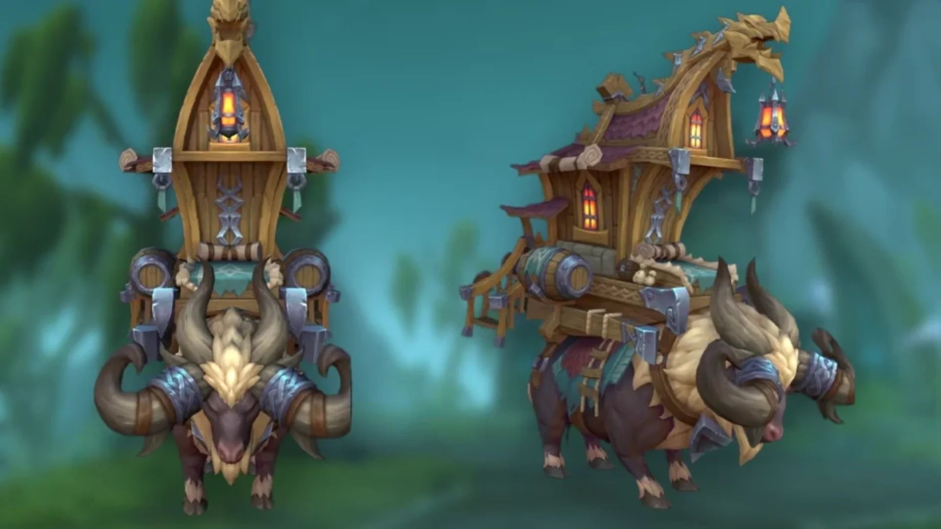 Hearthkeeper’s Wandering Caravan shown from the front and side with a furnished wooden home carried by a large ox.