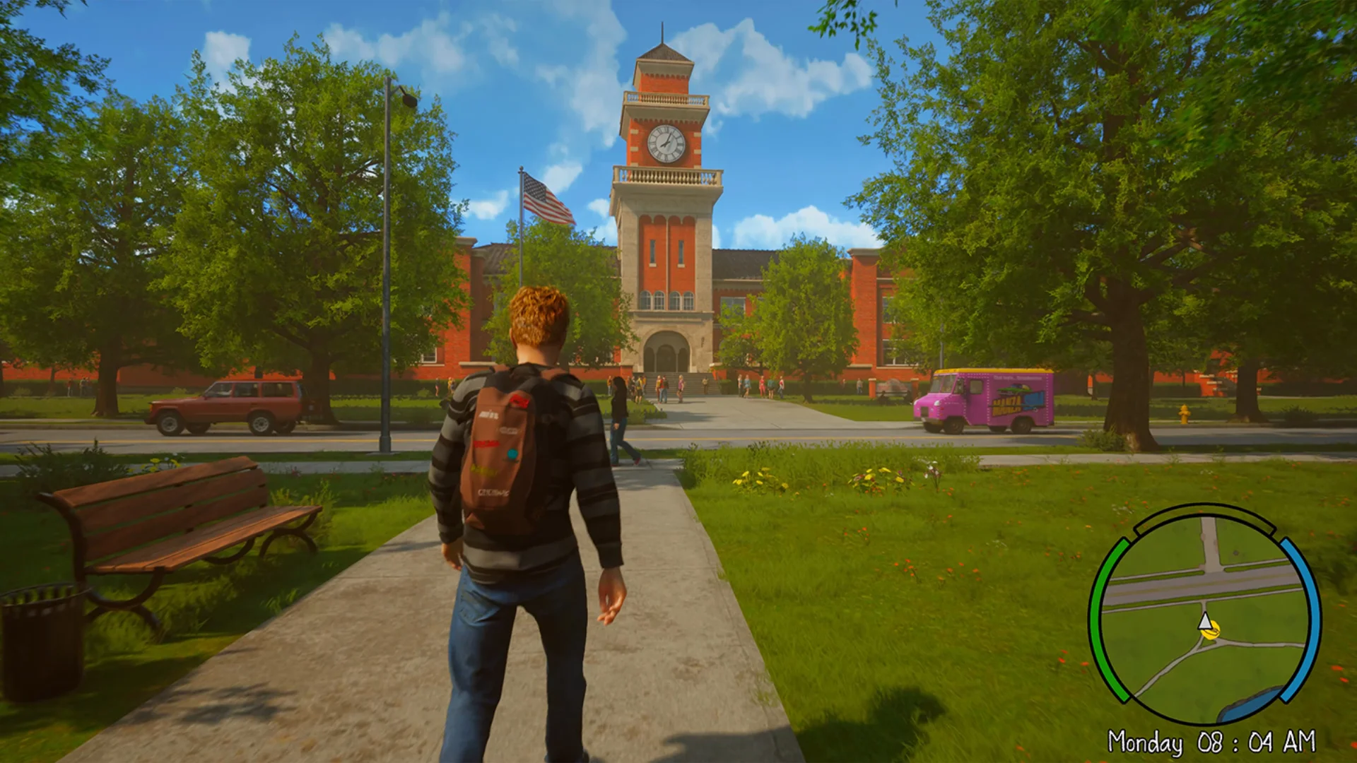Agefield High protagonist walks toward the school campus and clock tower during morning gameplay.