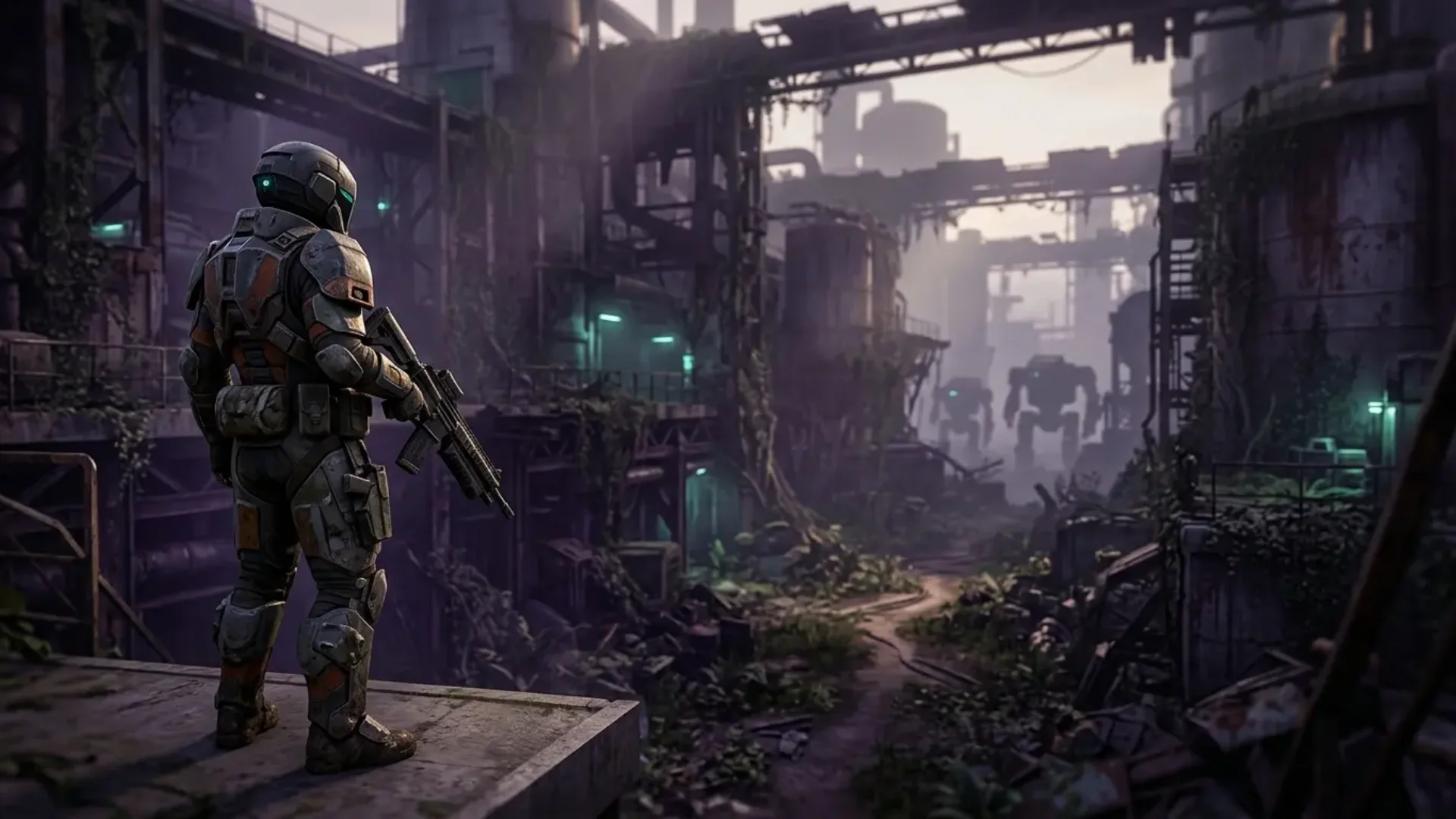 An armed Marathon Runner overlooks an overgrown industrial complex with three large machines visible in the distance.