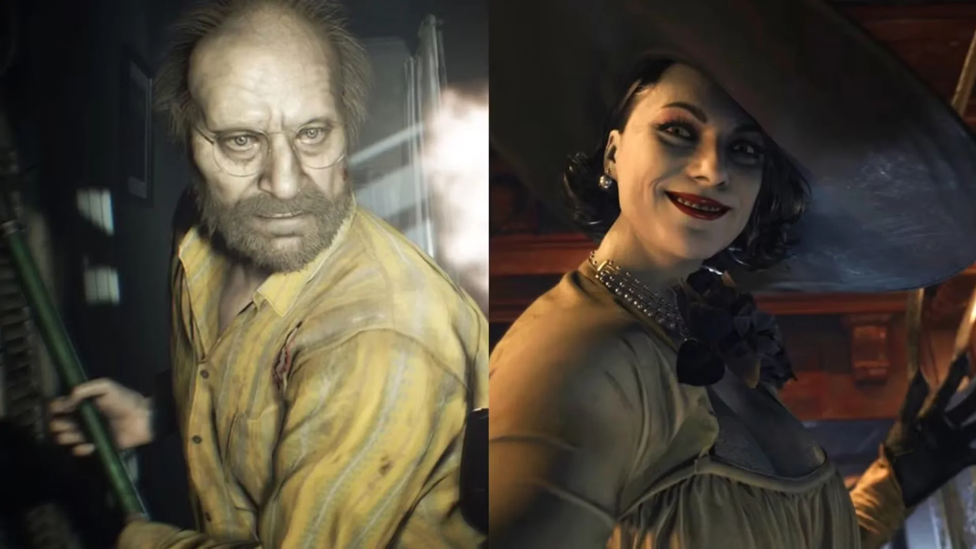 Jack Baker from Resident Evil 7 appears beside Lady Dimitrescu from Resident Evil Village in a split image.