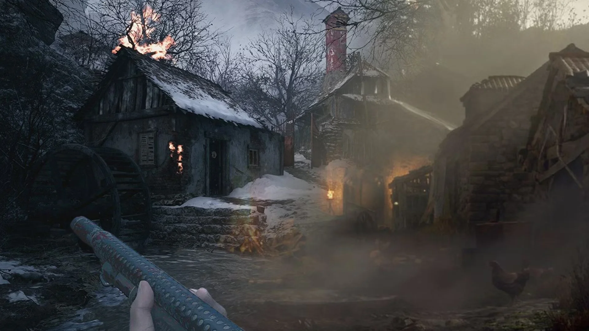 A first-person view shows a shotgun aimed through a snowy village with burning buildings in Resident Evil Village.