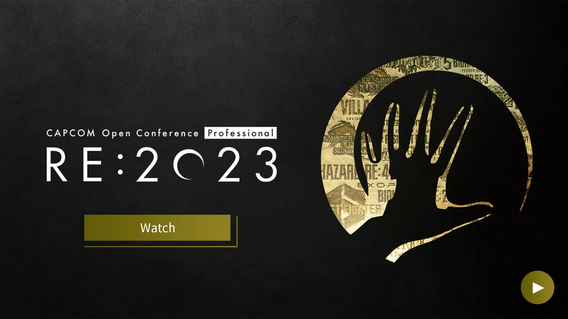 Capcom Open Conference Professional RE:2023 promotional screen with gold artwork