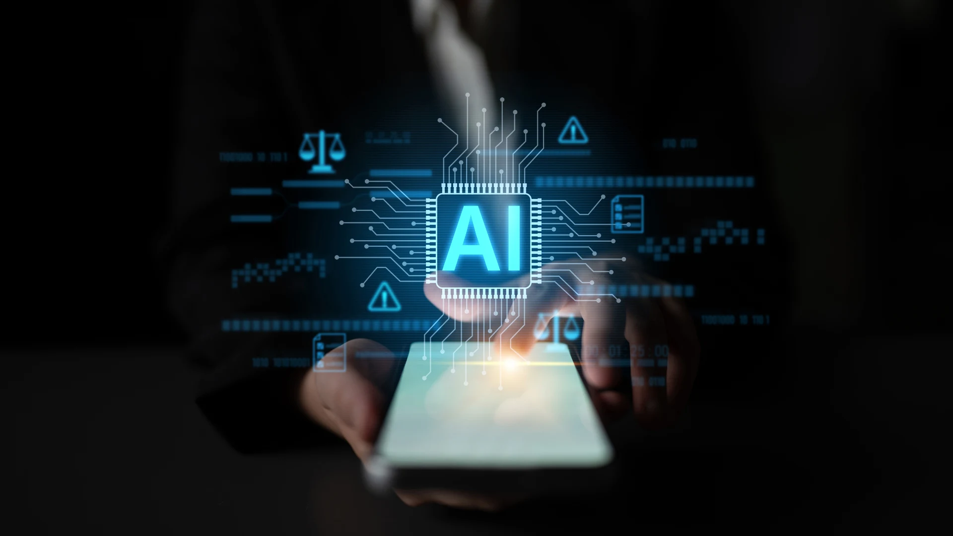 AI processor graphic displayed above a tablet with digital circuitry