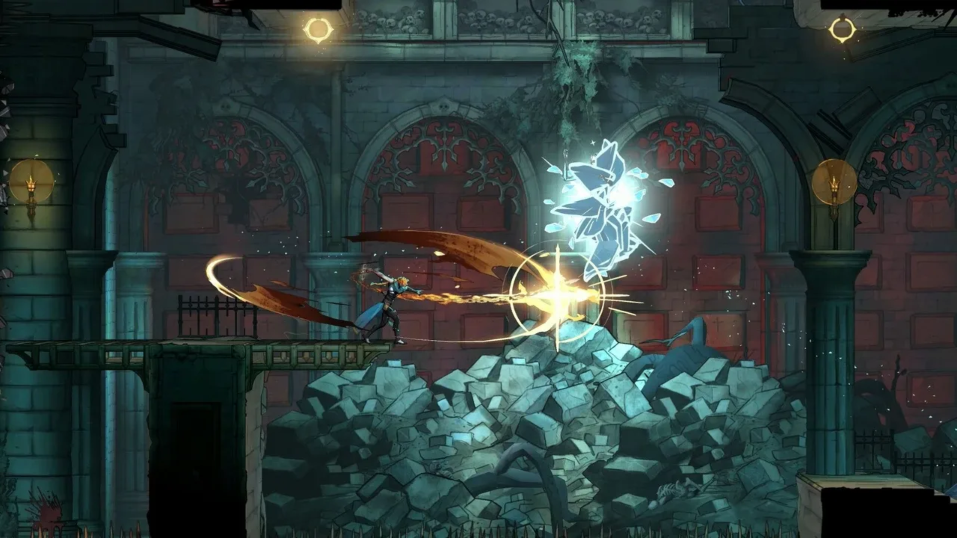 Rose Belmont strikes a spectral enemy with her whip inside a ruined Gothic hall in Castlevania: Belmont’s Curse.