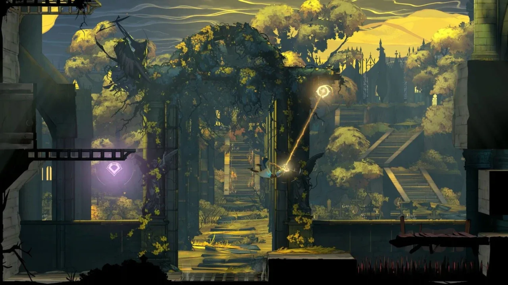 Rose Belmont swings from a glowing grapple point across overgrown ruins in Castlevania: Belmont’s Curse.