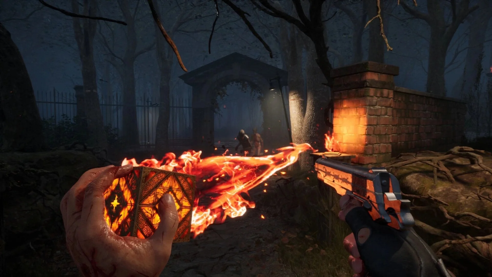 Hellraiser: Revival gameplay shows a player using a fiery puzzle box power while aiming a handgun in a dark forest.