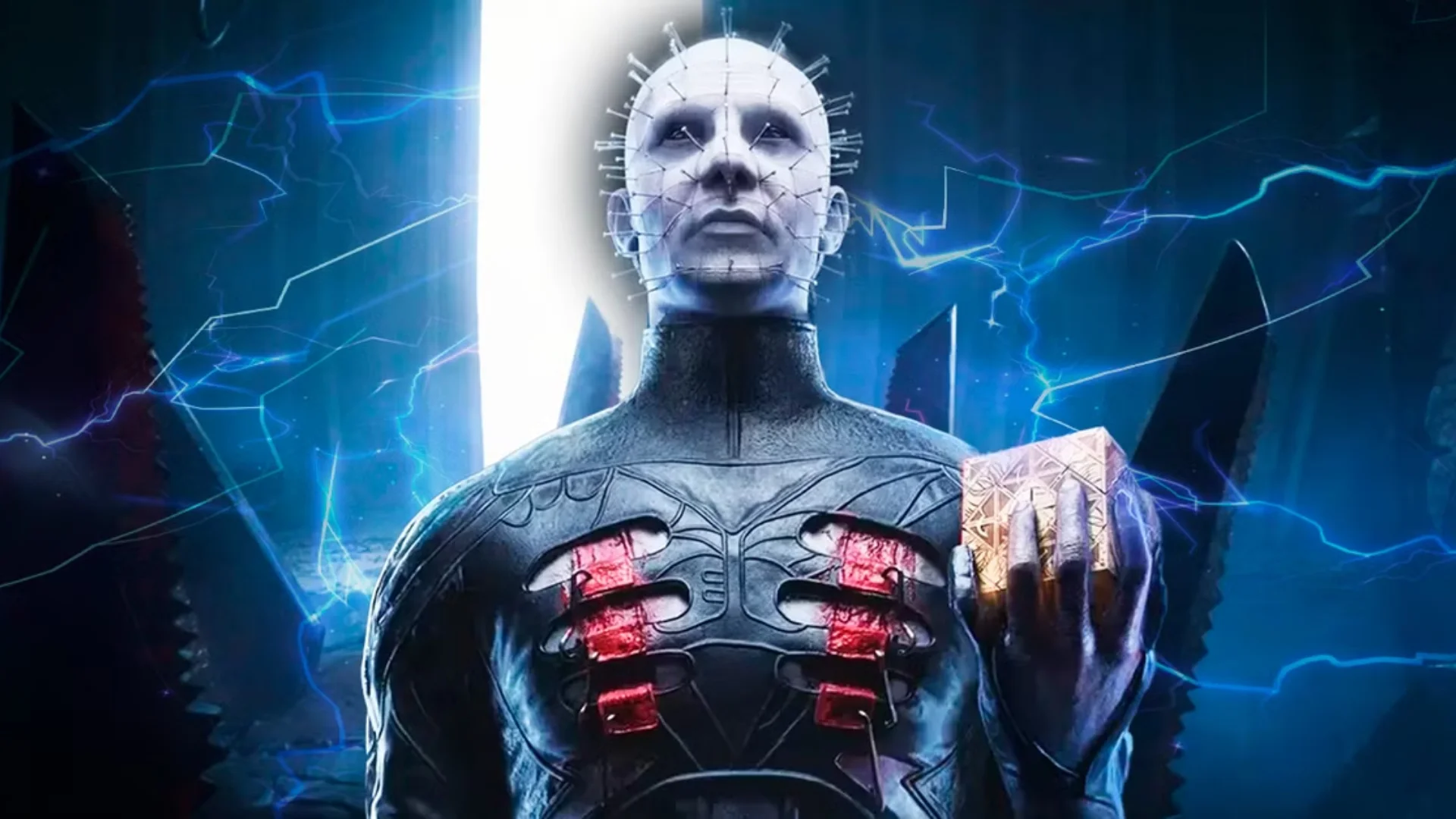 Hellraiser: Revival Cenobite holds a glowing puzzle box amid blue lightning and dark structures.