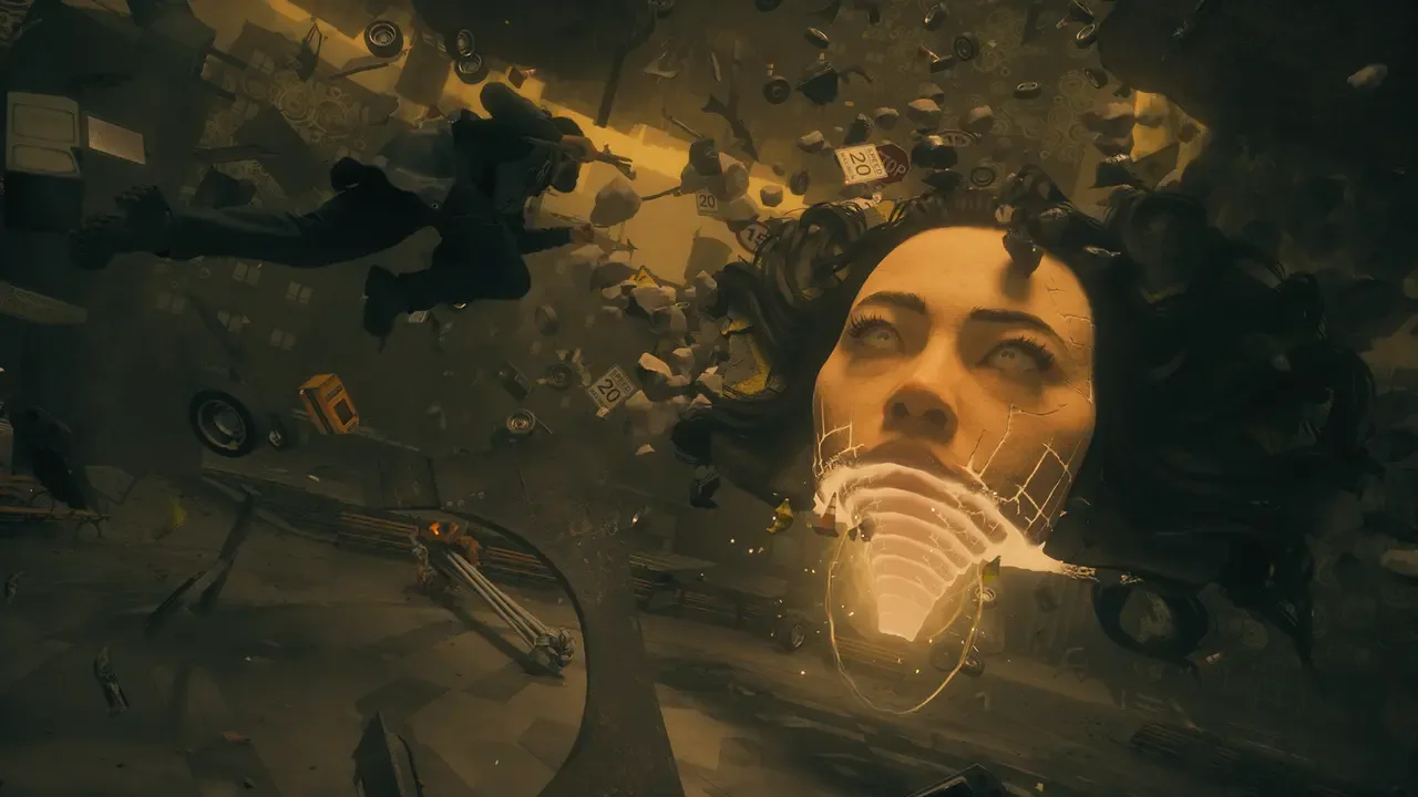 A figure floats through a distorted city filled with debris beside a giant woman's face in Control Resonant.