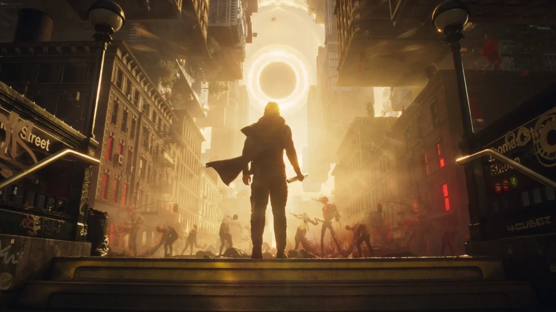 Dylan Faden stands in a distorted Manhattan street beneath a glowing anomaly in Control Resonant.