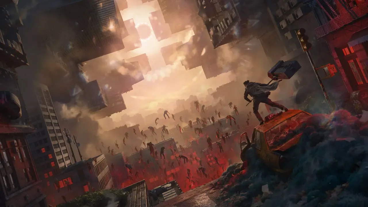 Dylan Faden stands on a damaged vehicle holding a large hammer as enemies and buildings float above Manhattan in CONTROL Resonant.